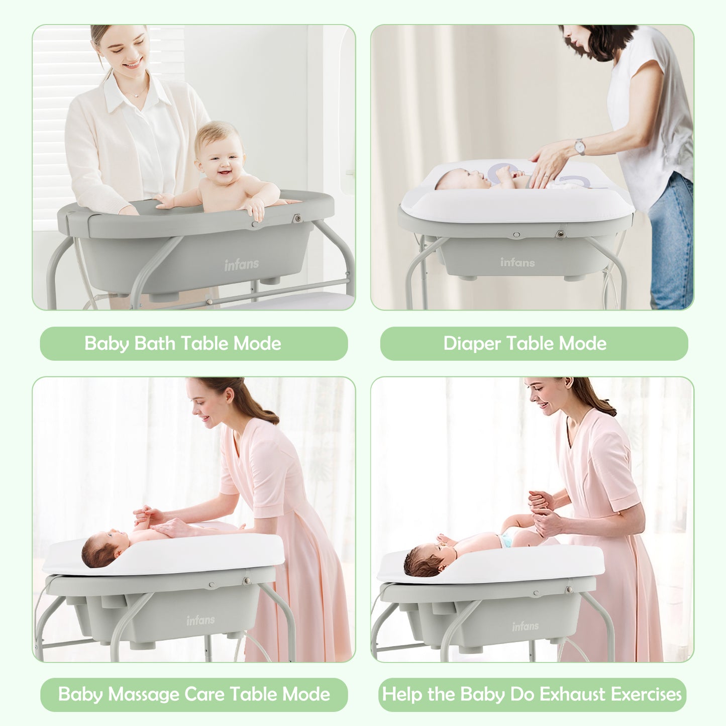 INFANS 2 in 1 Baby Changing Table with Bath Tub Unit, Folding Diaper Dresser Station with Wheels Waterproof Pad Storage Rack, Portable Nursery Organizer Stand for Newborn Infant