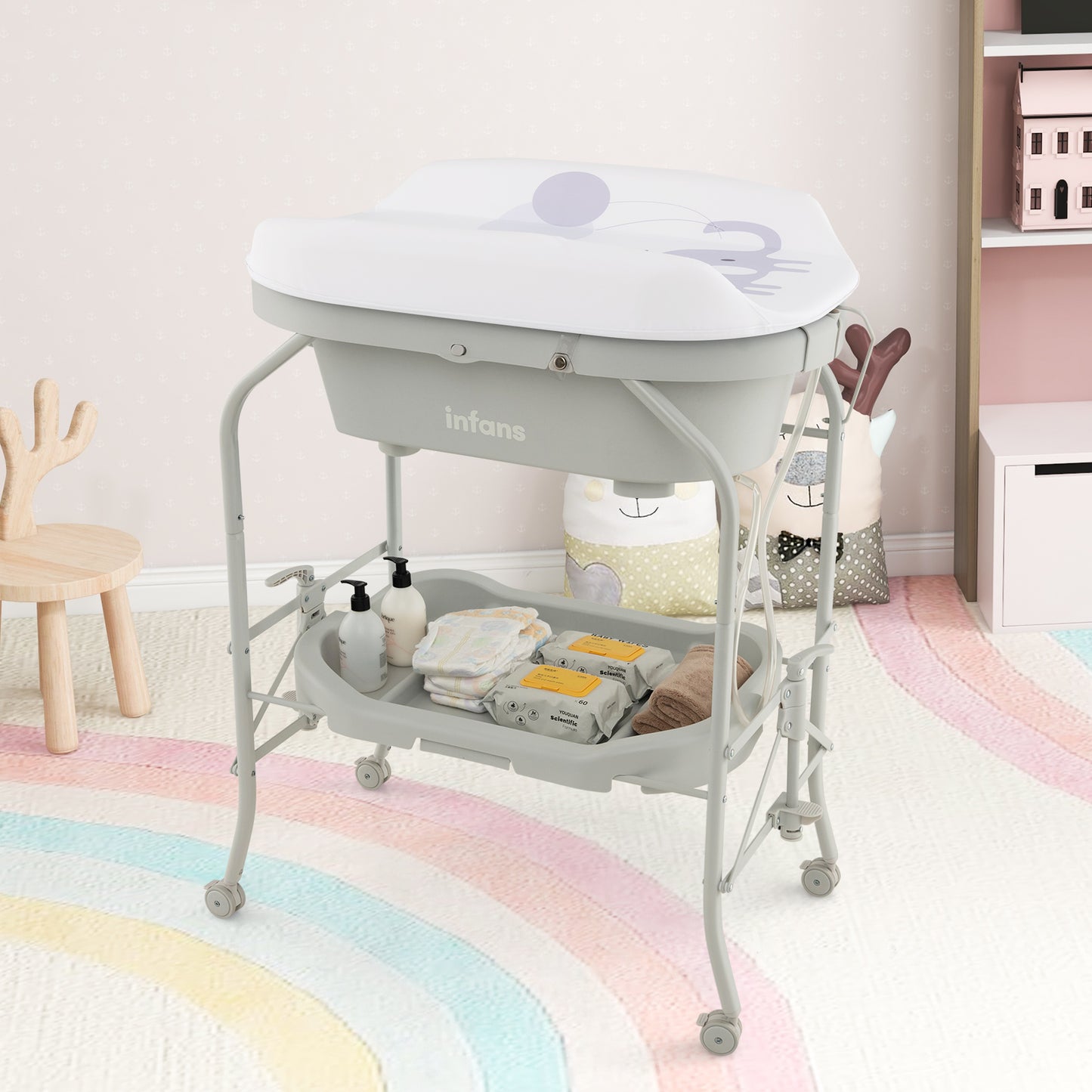 INFANS 2 in 1 Baby Changing Table with Bath Tub Unit, Folding Diaper Dresser Station with Wheels Waterproof Pad Storage Rack, Portable Nursery Organizer Stand for Newborn Infant