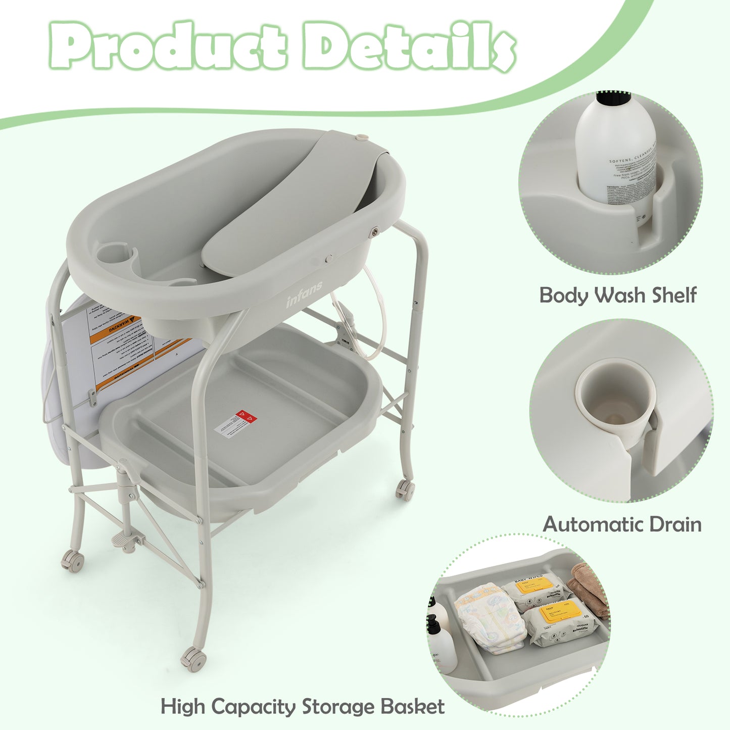 INFANS 2 in 1 Baby Changing Table with Bath Tub Unit, Folding Diaper Dresser Station with Wheels Waterproof Pad Storage Rack, Portable Nursery Organizer Stand for Newborn Infant