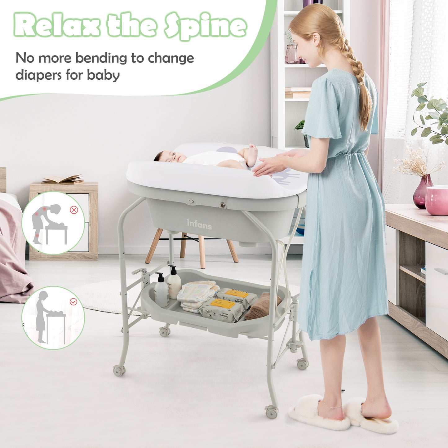 INFANS 2 in 1 Baby Changing Table with Bath Tub Unit, Folding Diaper Dresser Station with Wheels Waterproof Pad Storage Rack, Portable Nursery Organizer Stand for Newborn Infant
