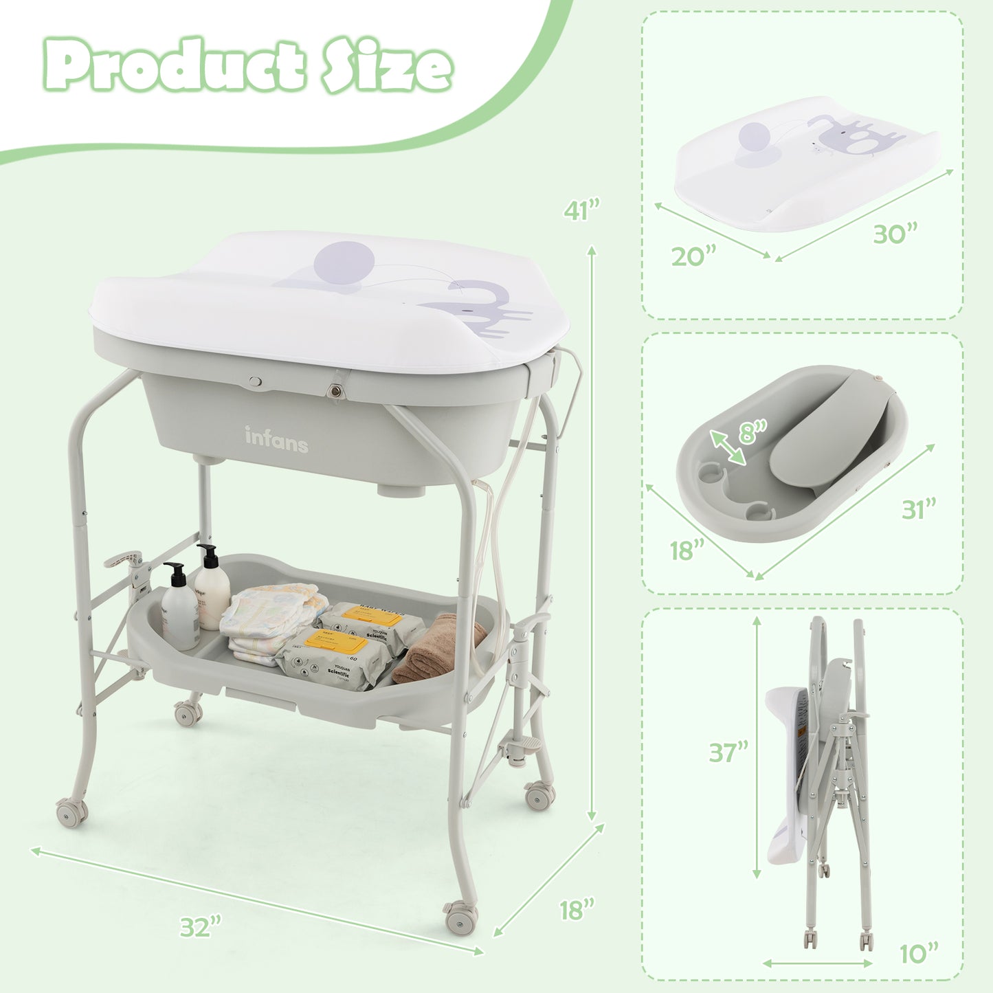 INFANS 2 in 1 Baby Changing Table with Bath Tub Unit, Folding Diaper Dresser Station with Wheels Waterproof Pad Storage Rack, Portable Nursery Organizer Stand for Newborn Infant