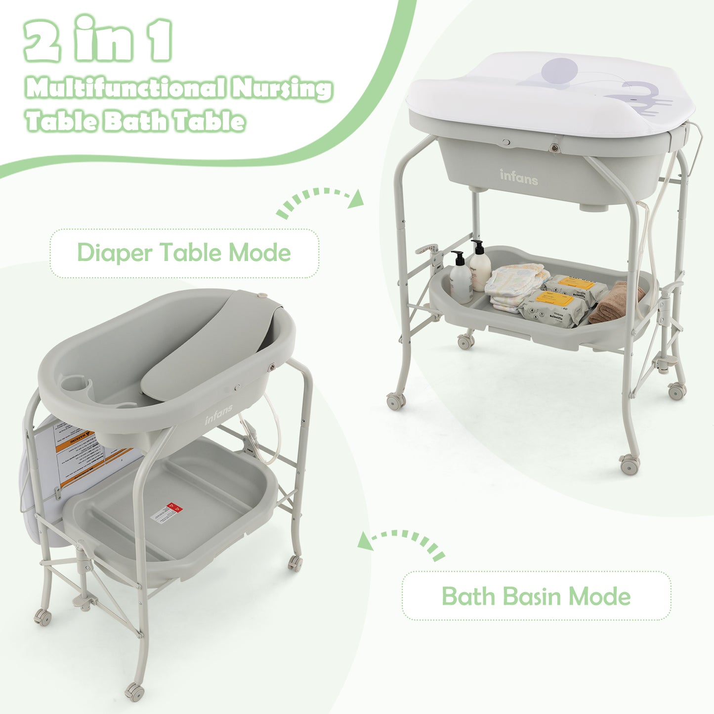 INFANS 2 in 1 Baby Changing Table with Bath Tub Unit, Folding Diaper Dresser Station with Wheels Waterproof Pad Storage Rack, Portable Nursery Organizer Stand for Newborn Infant