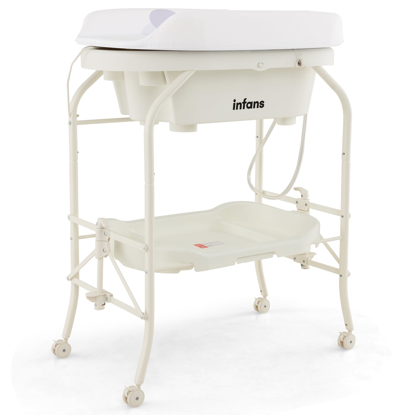 INFANS 2 in 1 Baby Changing Table with Bath Tub Unit, Folding Diaper Dresser Station with Wheels Waterproof Pad Storage Rack, Portable Nursery Organizer Stand for Newborn Infant