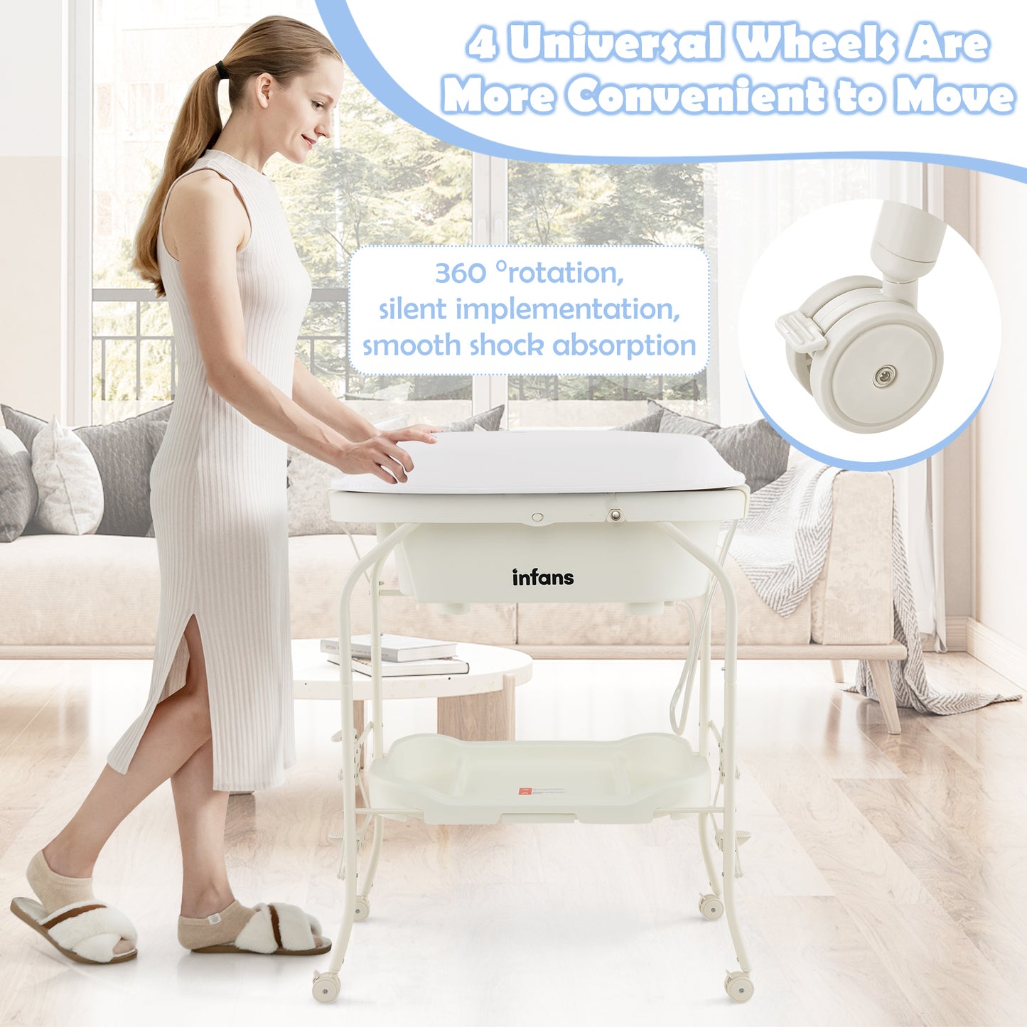 INFANS 2 in 1 Baby Changing Table with Bath Tub Unit, Folding Diaper Dresser Station with Wheels Waterproof Pad Storage Rack, Portable Nursery Organizer Stand for Newborn Infant