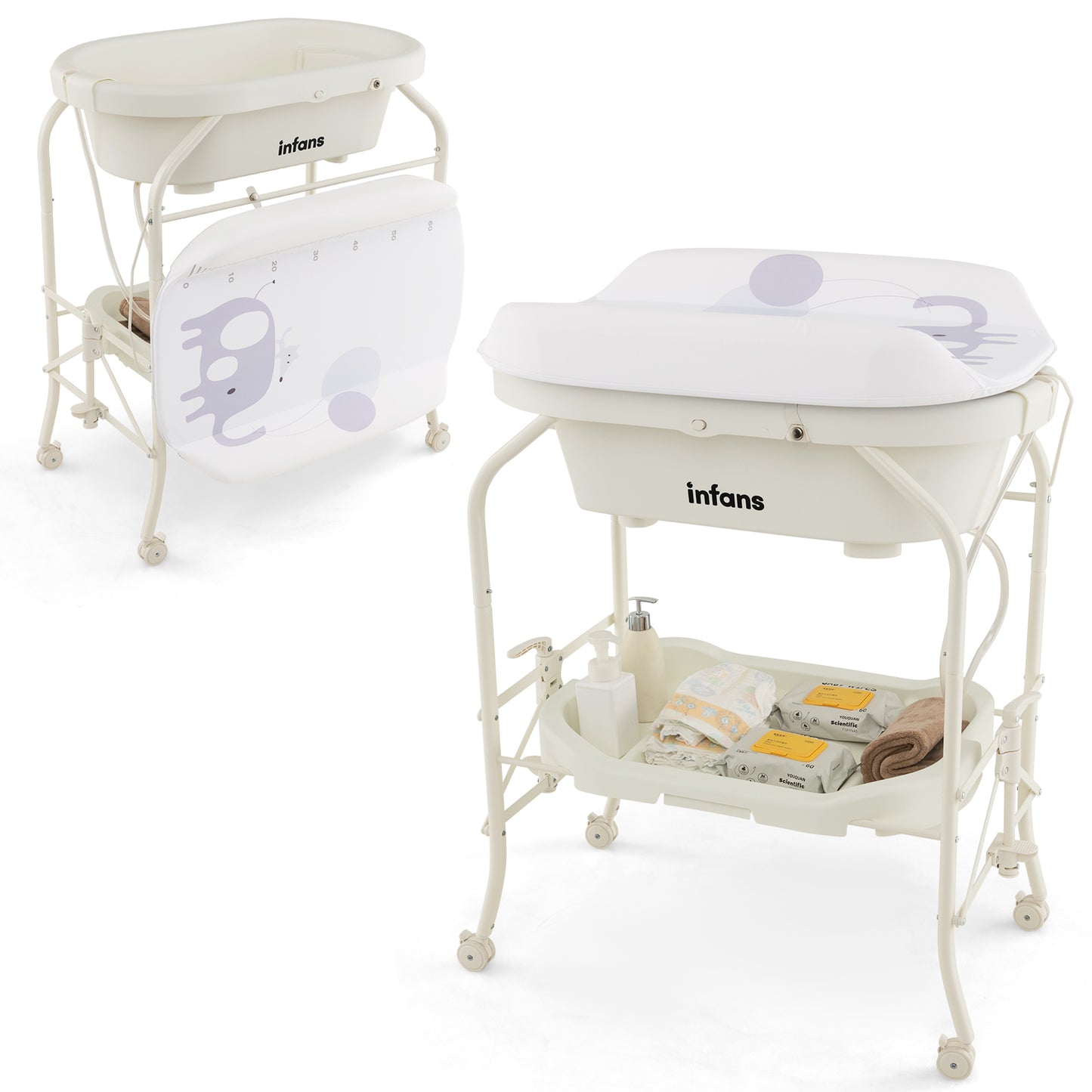INFANS 2 in 1 Baby Changing Table with Bath Tub Unit, Folding Diaper Dresser Station with Wheels Waterproof Pad Storage Rack, Portable Nursery Organizer Stand for Newborn Infant