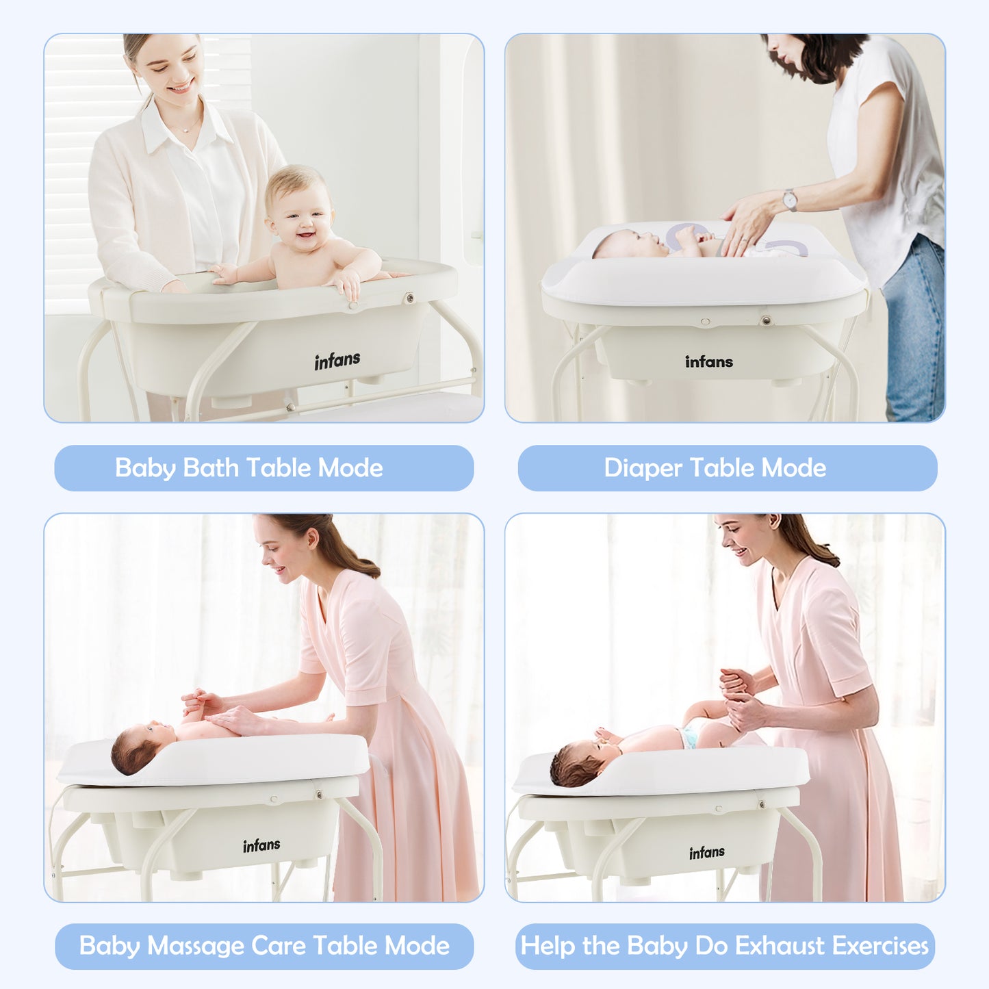 INFANS 2 in 1 Baby Changing Table with Bath Tub Unit, Folding Diaper Dresser Station with Wheels Waterproof Pad Storage Rack, Portable Nursery Organizer Stand for Newborn Infant