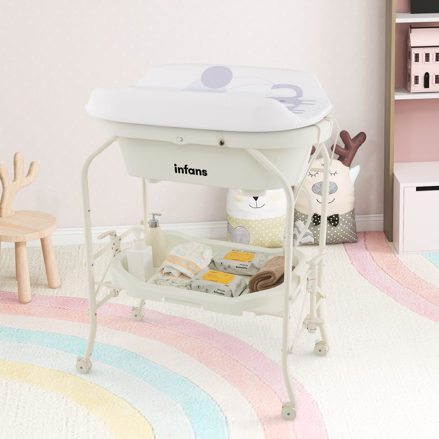 INFANS 2 in 1 Baby Changing Table with Bath Tub Unit, Folding Diaper Dresser Station with Wheels Waterproof Pad Storage Rack, Portable Nursery Organizer Stand for Newborn Infant