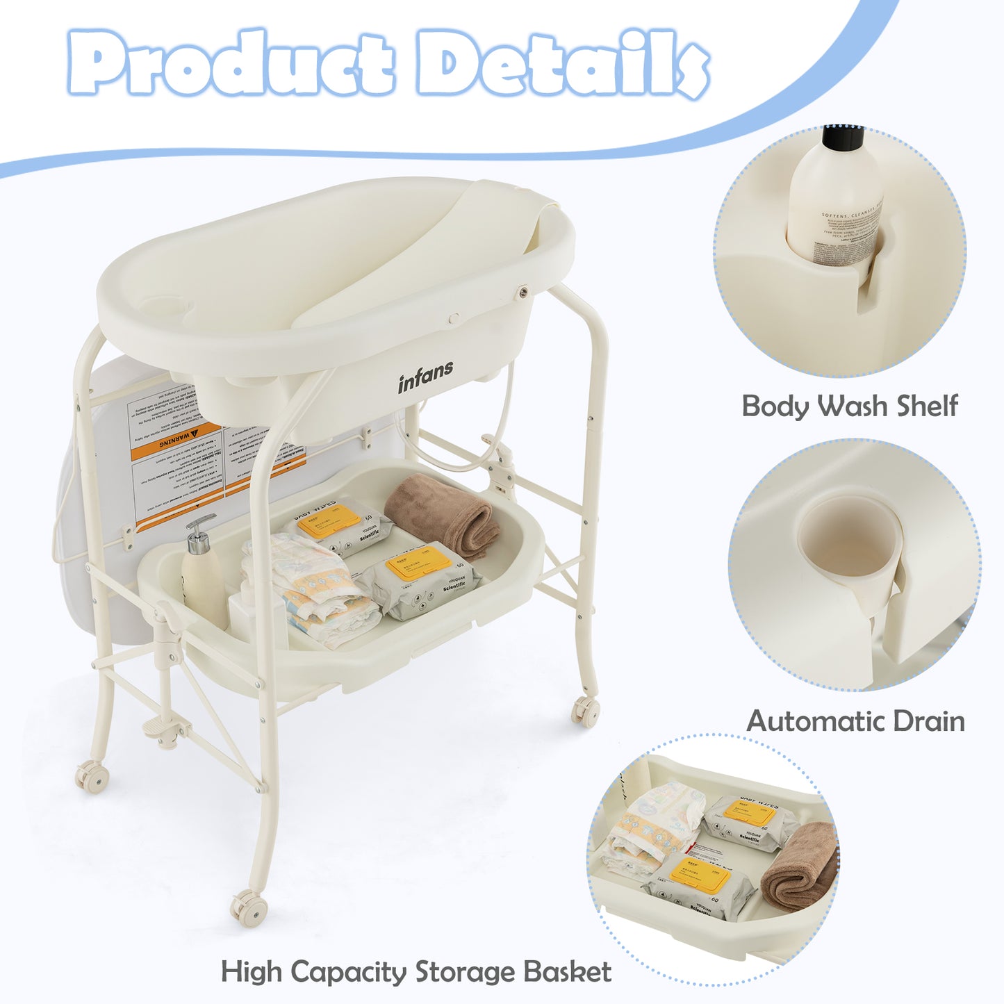INFANS 2 in 1 Baby Changing Table with Bath Tub Unit, Folding Diaper Dresser Station with Wheels Waterproof Pad Storage Rack, Portable Nursery Organizer Stand for Newborn Infant