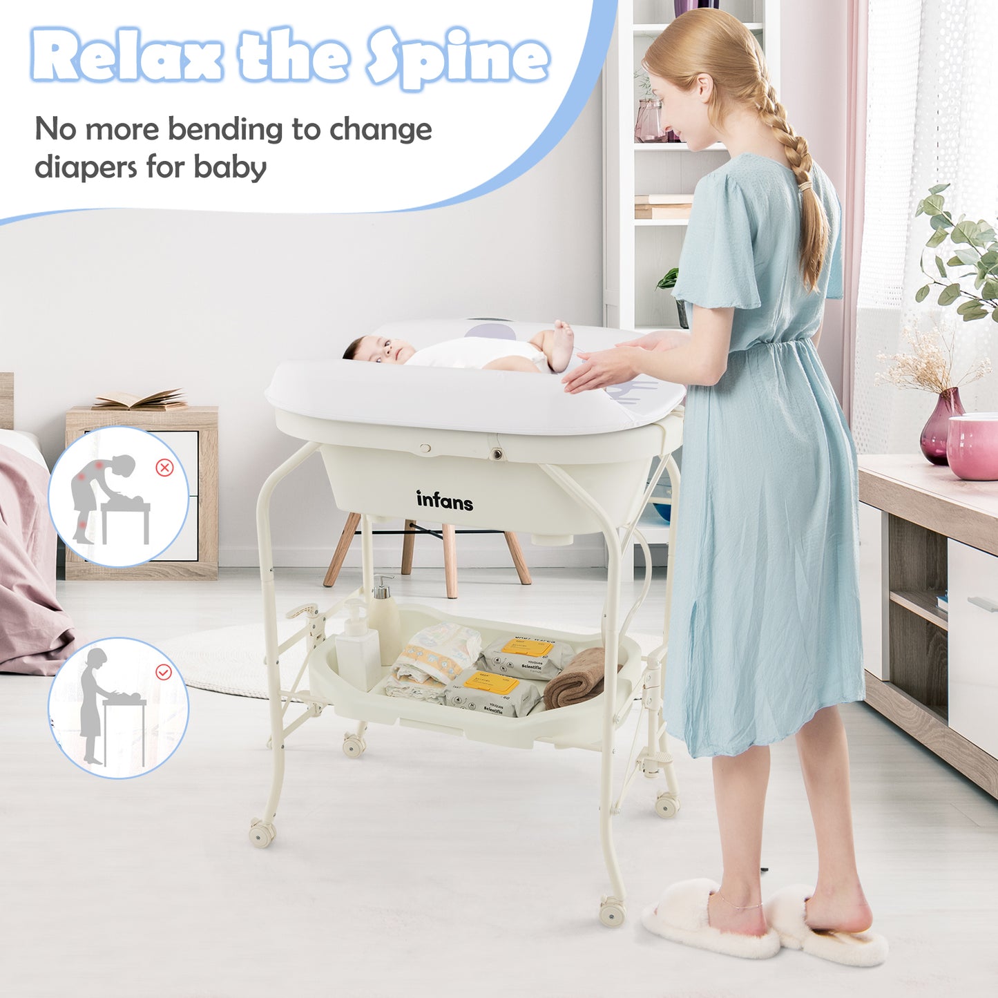 INFANS 2 in 1 Baby Changing Table with Bath Tub Unit, Folding Diaper Dresser Station with Wheels Waterproof Pad Storage Rack, Portable Nursery Organizer Stand for Newborn Infant