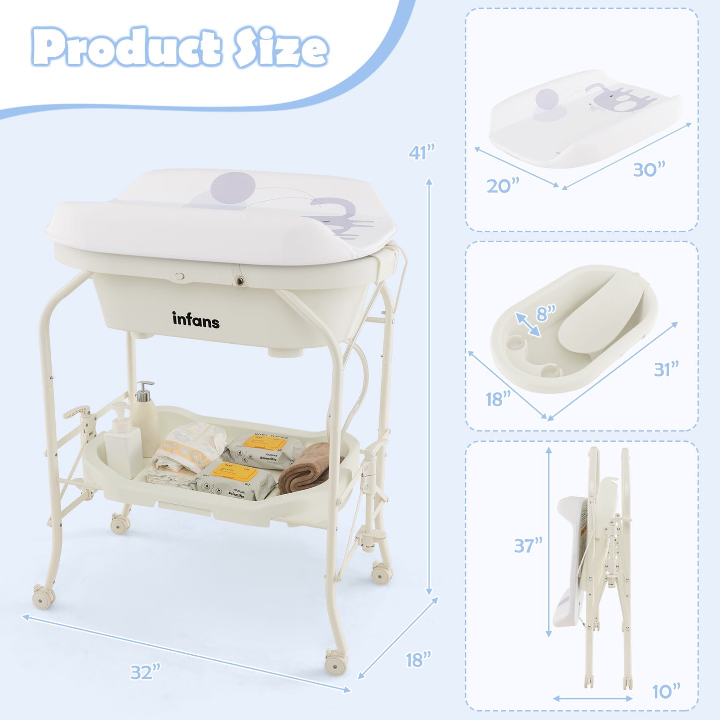 INFANS 2 in 1 Baby Changing Table with Bath Tub Unit, Folding Diaper Dresser Station with Wheels Waterproof Pad Storage Rack, Portable Nursery Organizer Stand for Newborn Infant