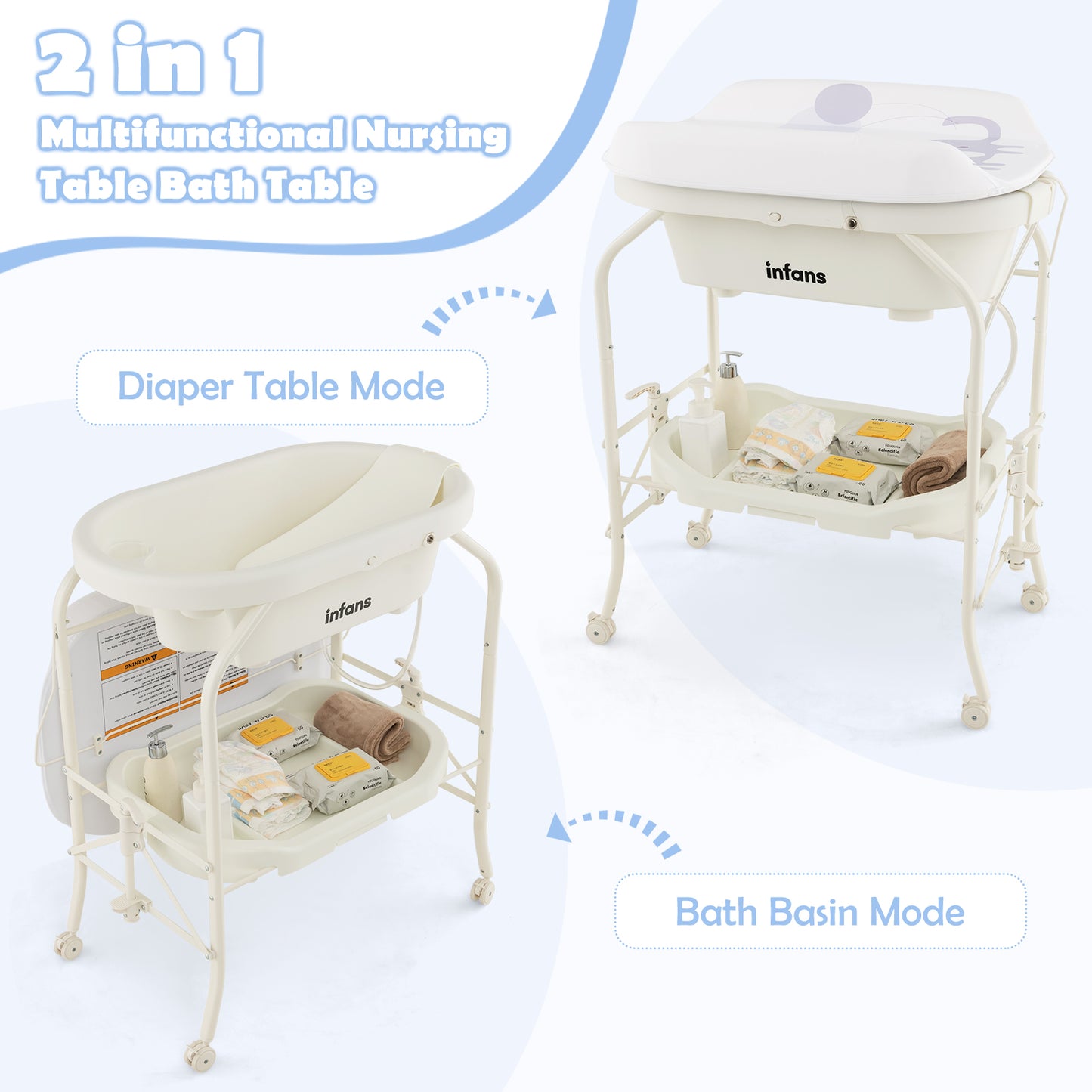 INFANS 2 in 1 Baby Changing Table with Bath Tub Unit, Folding Diaper Dresser Station with Wheels Waterproof Pad Storage Rack, Portable Nursery Organizer Stand for Newborn Infant