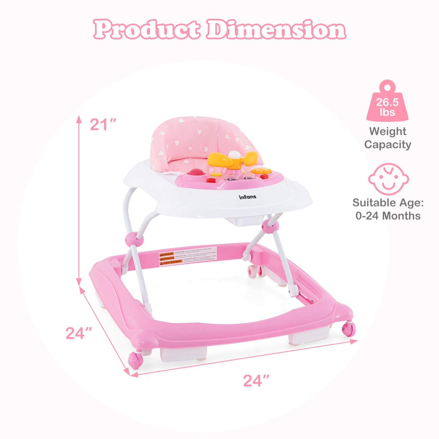 INFANS Foldable Baby Walker, 3 in 1 Toddler Walker Leaning-Seated Walk-Behind with Removable Music Tray, Adjustable Height and Speed, Washable Seat Cushion for Boys and Girls