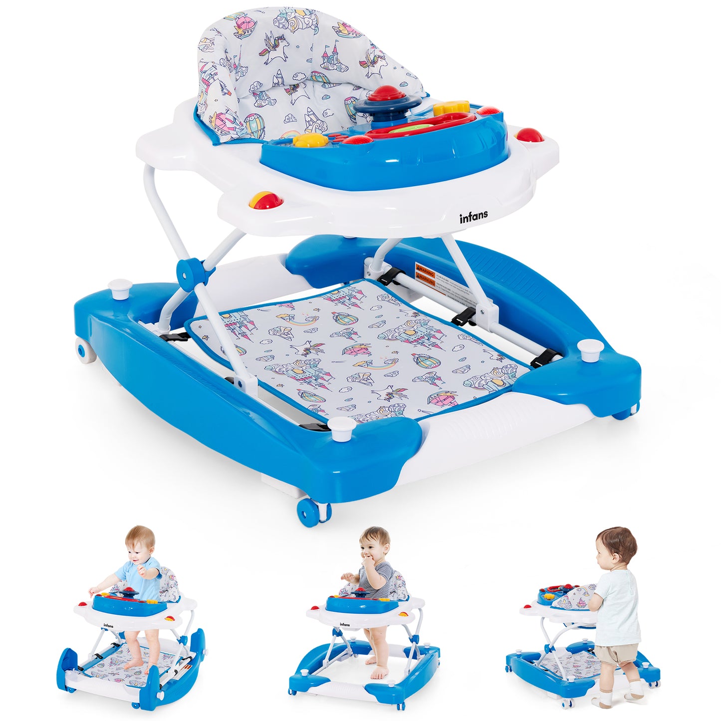 INFANS Baby Walker, 5 in 1 Behind Walker Learning Seated Rocker Bouncer with Removable Music Tray, Adjustable Height and Speed, Washable Seat Cushion, Foldable Activity Center for Toddlers