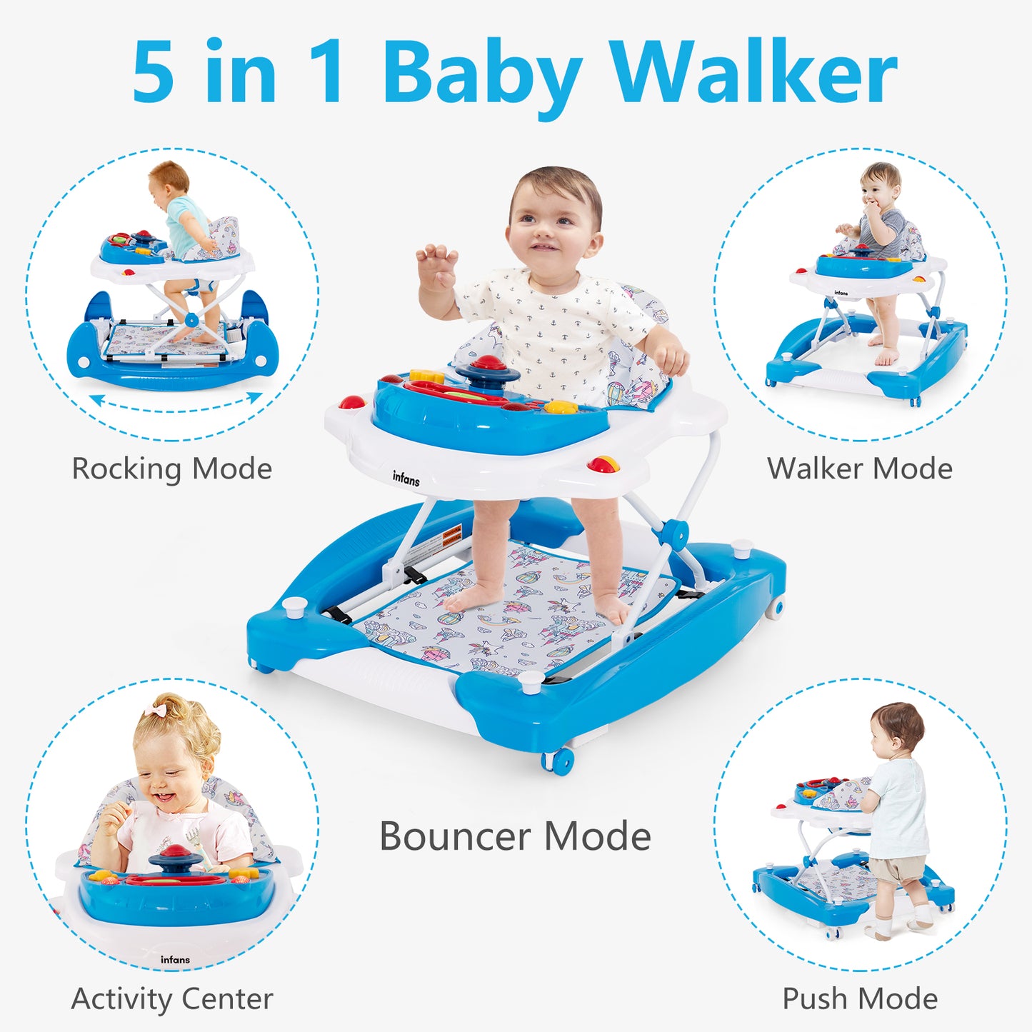 INFANS Baby Walker, 5 in 1 Behind Walker Learning Seated Rocker Bouncer with Removable Music Tray, Adjustable Height and Speed, Washable Seat Cushion, Foldable Activity Center for Toddlers