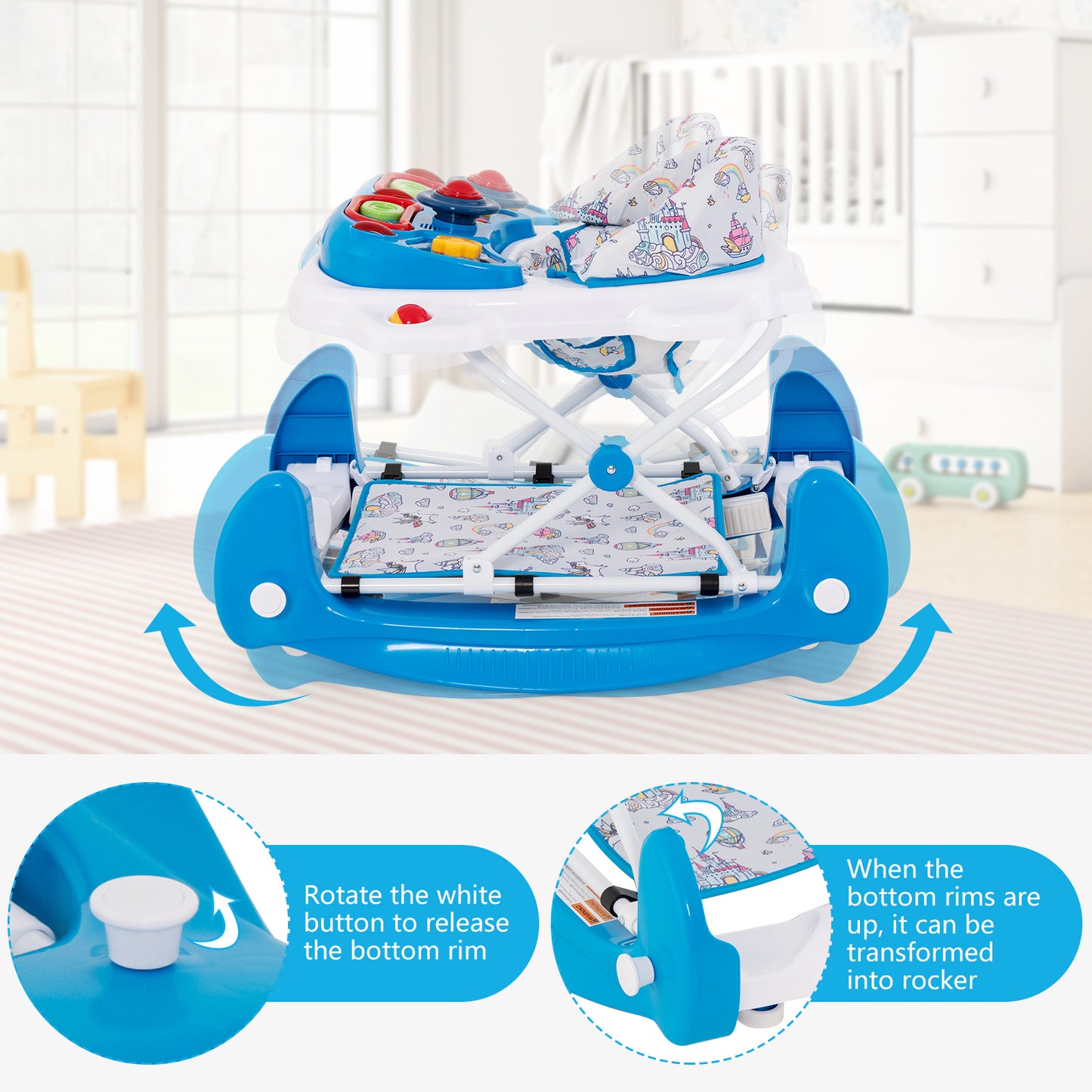 INFANS Baby Walker, 5 in 1 Behind Walker Learning Seated Rocker Bouncer with Removable Music Tray, Adjustable Height and Speed, Washable Seat Cushion, Foldable Activity Center for Toddlers