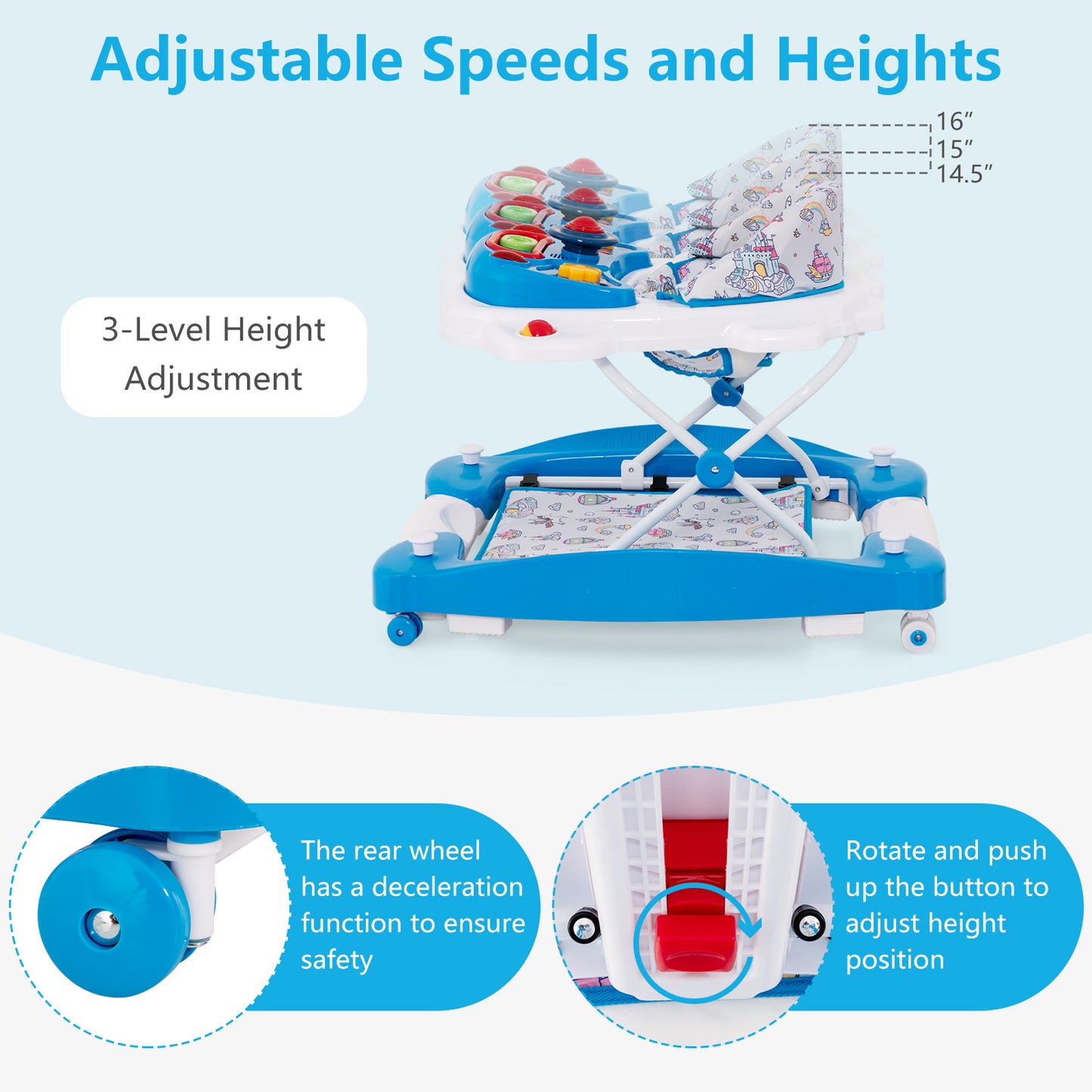 INFANS Baby Walker, 5 in 1 Behind Walker Learning Seated Rocker Bouncer with Removable Music Tray, Adjustable Height and Speed, Washable Seat Cushion, Foldable Activity Center for Toddlers