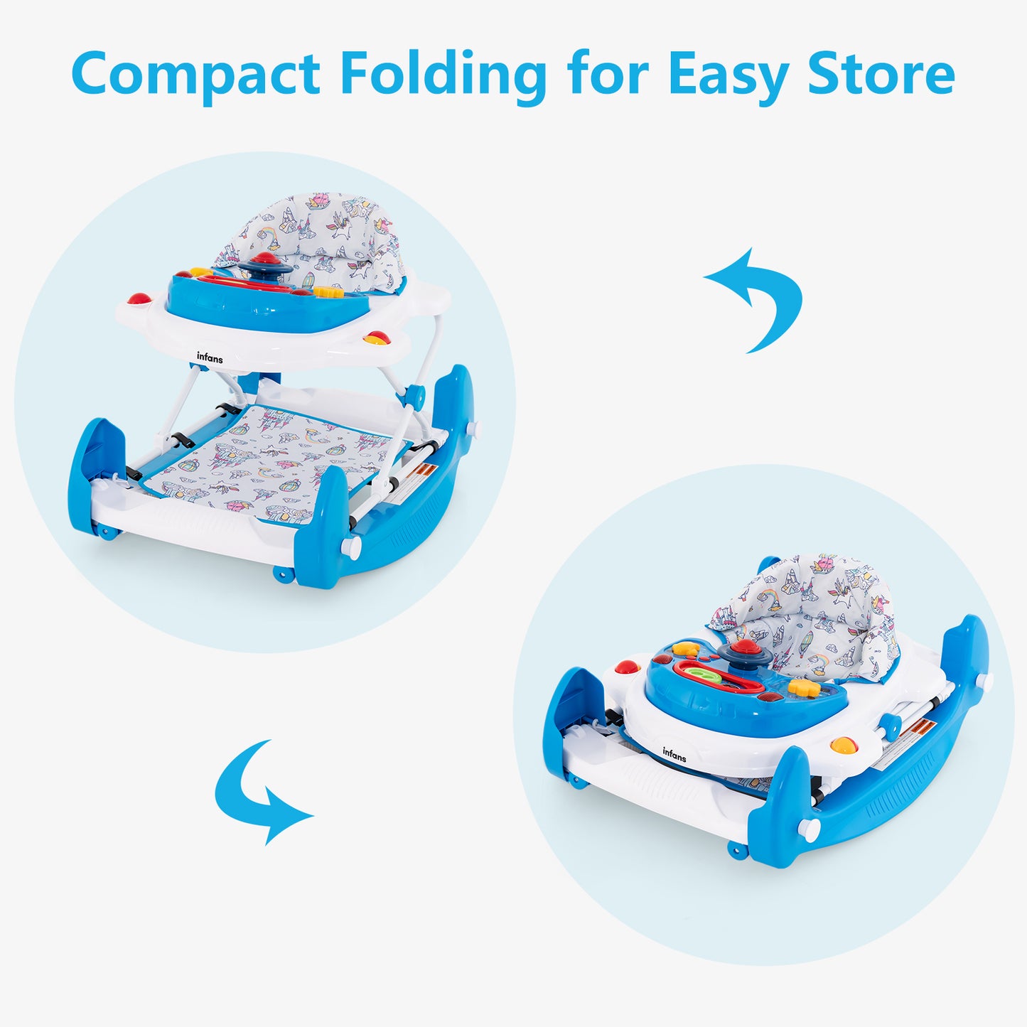 INFANS Baby Walker, 5 in 1 Behind Walker Learning Seated Rocker Bouncer with Removable Music Tray, Adjustable Height and Speed, Washable Seat Cushion, Foldable Activity Center for Toddlers
