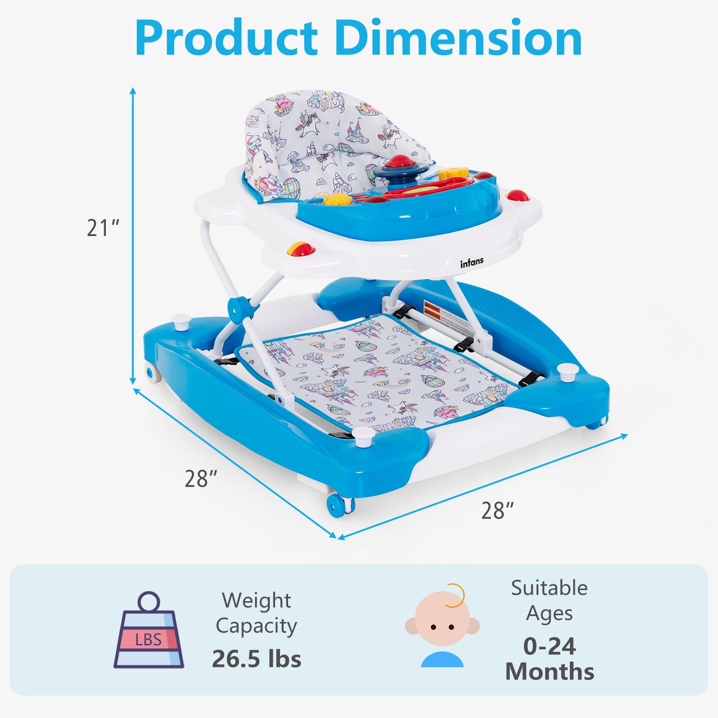 INFANS Baby Walker, 5 in 1 Behind Walker Learning Seated Rocker Bouncer with Removable Music Tray, Adjustable Height and Speed, Washable Seat Cushion, Foldable Activity Center for Toddlers