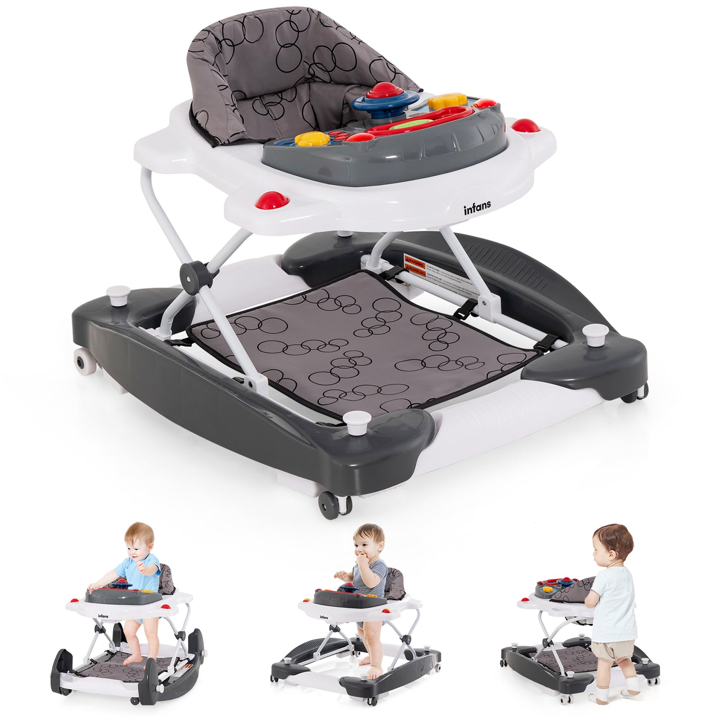 INFANS Baby Walker, 5 in 1 Behind Walker Learning Seated Rocker Bouncer with Removable Music Tray, Adjustable Height and Speed, Washable Seat Cushion, Foldable Activity Center for Toddlers