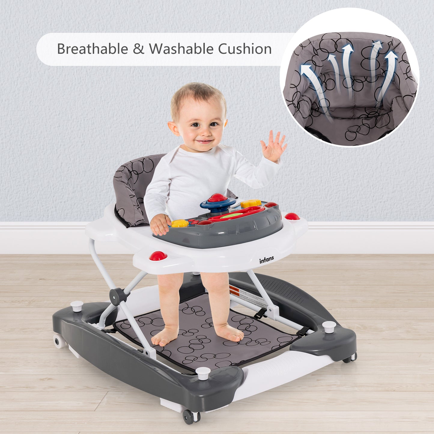 INFANS Baby Walker, 5 in 1 Behind Walker Learning Seated Rocker Bouncer with Removable Music Tray, Adjustable Height and Speed, Washable Seat Cushion, Foldable Activity Center for Toddlers