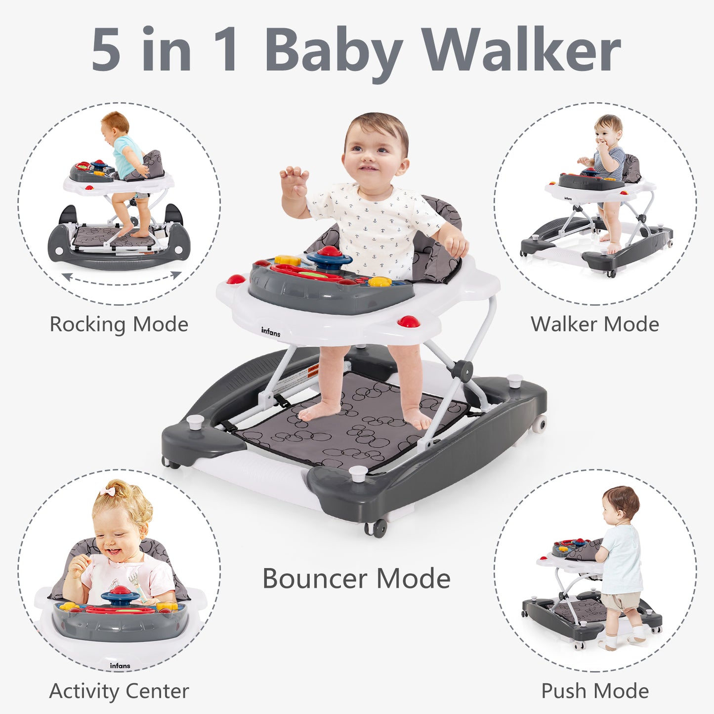 INFANS Baby Walker, 5 in 1 Behind Walker Learning Seated Rocker Bouncer with Removable Music Tray, Adjustable Height and Speed, Washable Seat Cushion, Foldable Activity Center for Toddlers