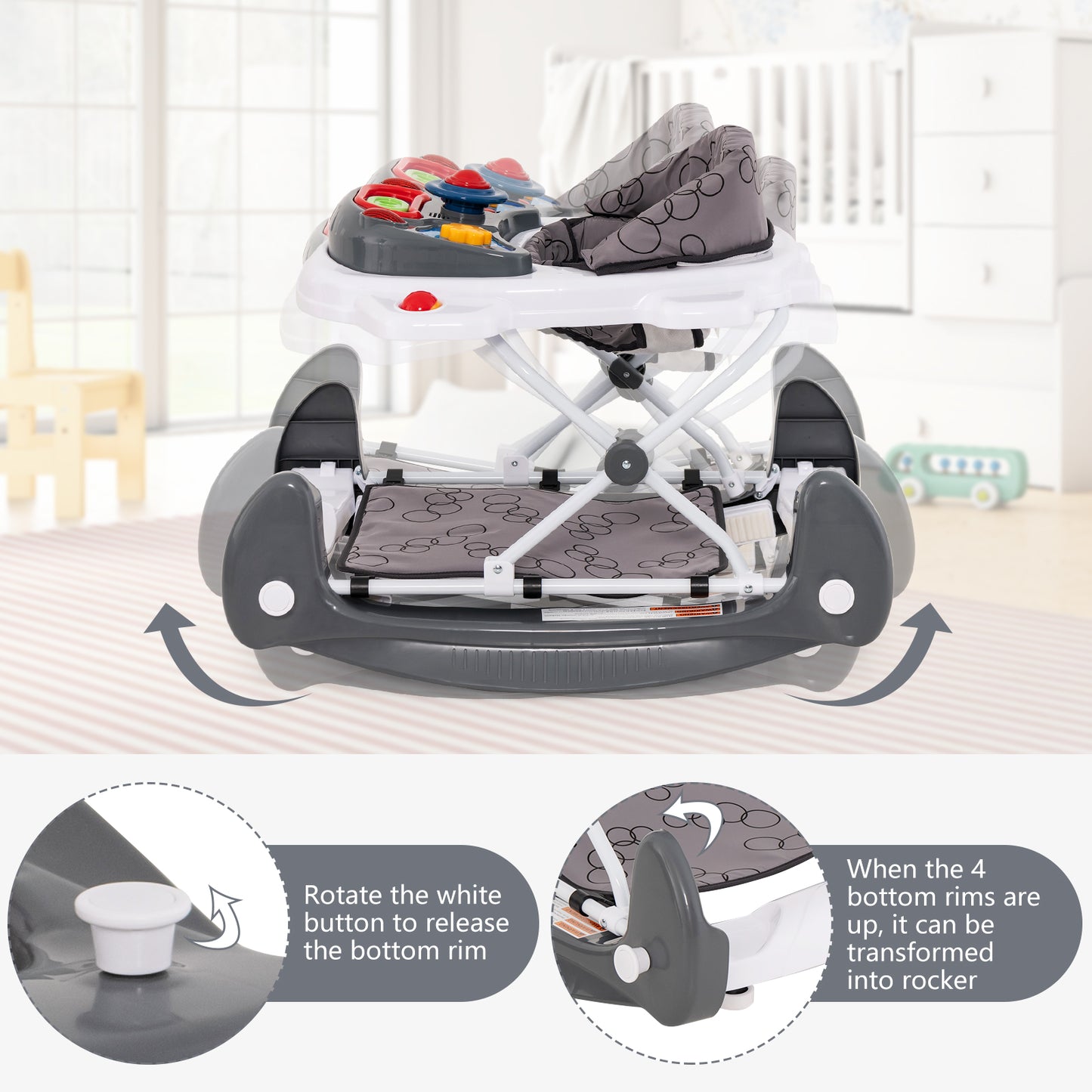 INFANS Baby Walker, 5 in 1 Behind Walker Learning Seated Rocker Bouncer with Removable Music Tray, Adjustable Height and Speed, Washable Seat Cushion, Foldable Activity Center for Toddlers