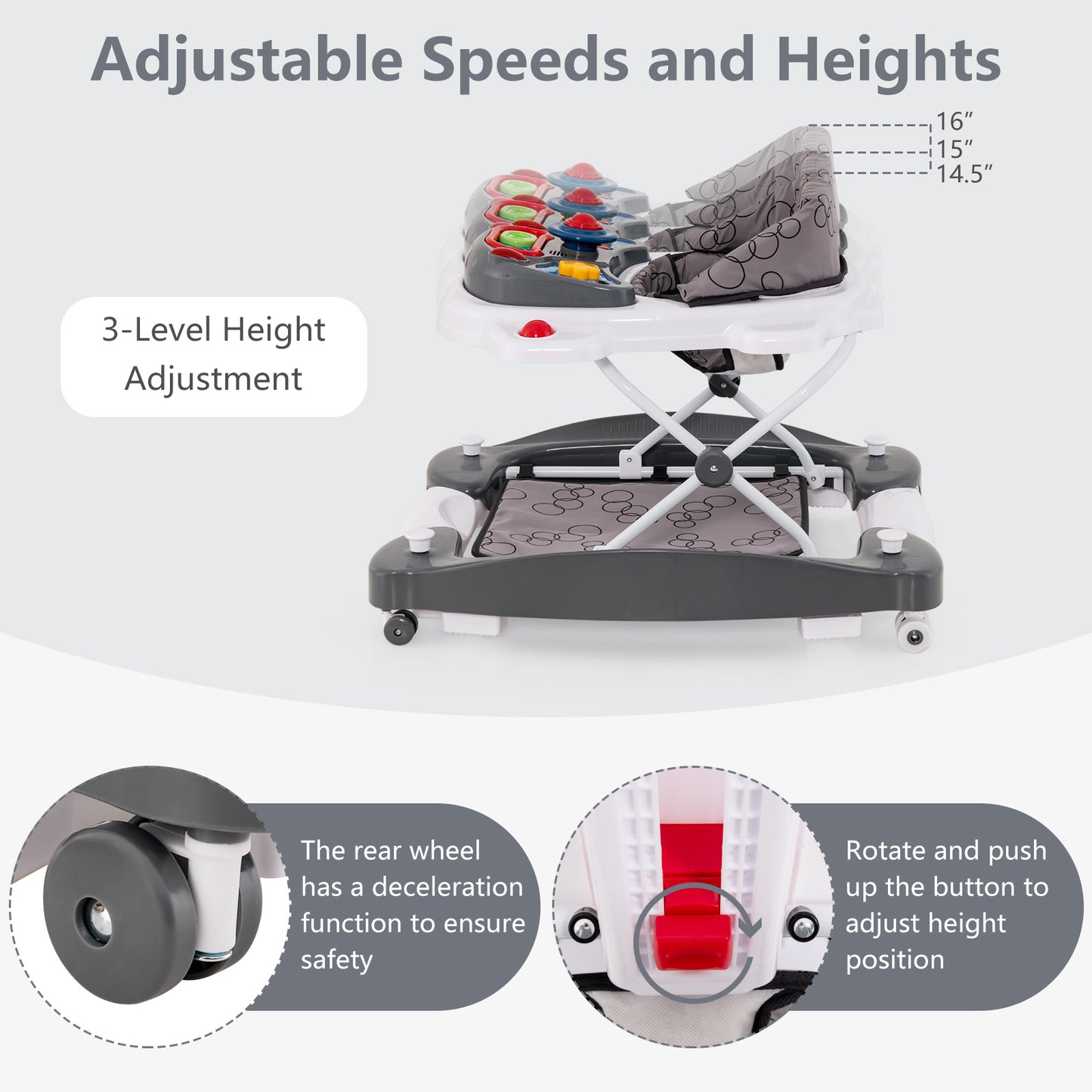 INFANS Baby Walker, 5 in 1 Behind Walker Learning Seated Rocker Bouncer with Removable Music Tray, Adjustable Height and Speed, Washable Seat Cushion, Foldable Activity Center for Toddlers