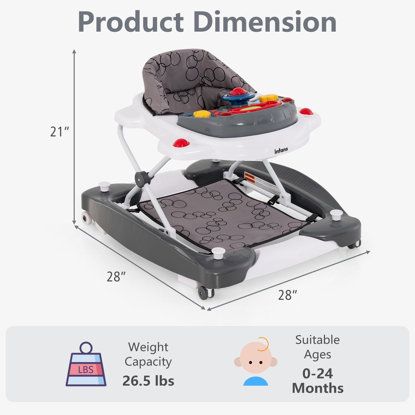 INFANS Baby Walker, 5 in 1 Behind Walker Learning Seated Rocker Bouncer with Removable Music Tray, Adjustable Height and Speed, Washable Seat Cushion, Foldable Activity Center for Toddlers