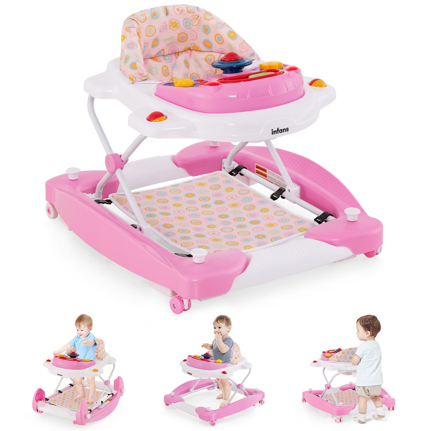 INFANS Baby Walker, 5 in 1 Behind Walker Learning Seated Rocker Bouncer with Removable Music Tray, Adjustable Height and Speed, Washable Seat Cushion, Foldable Activity Center for Toddlers