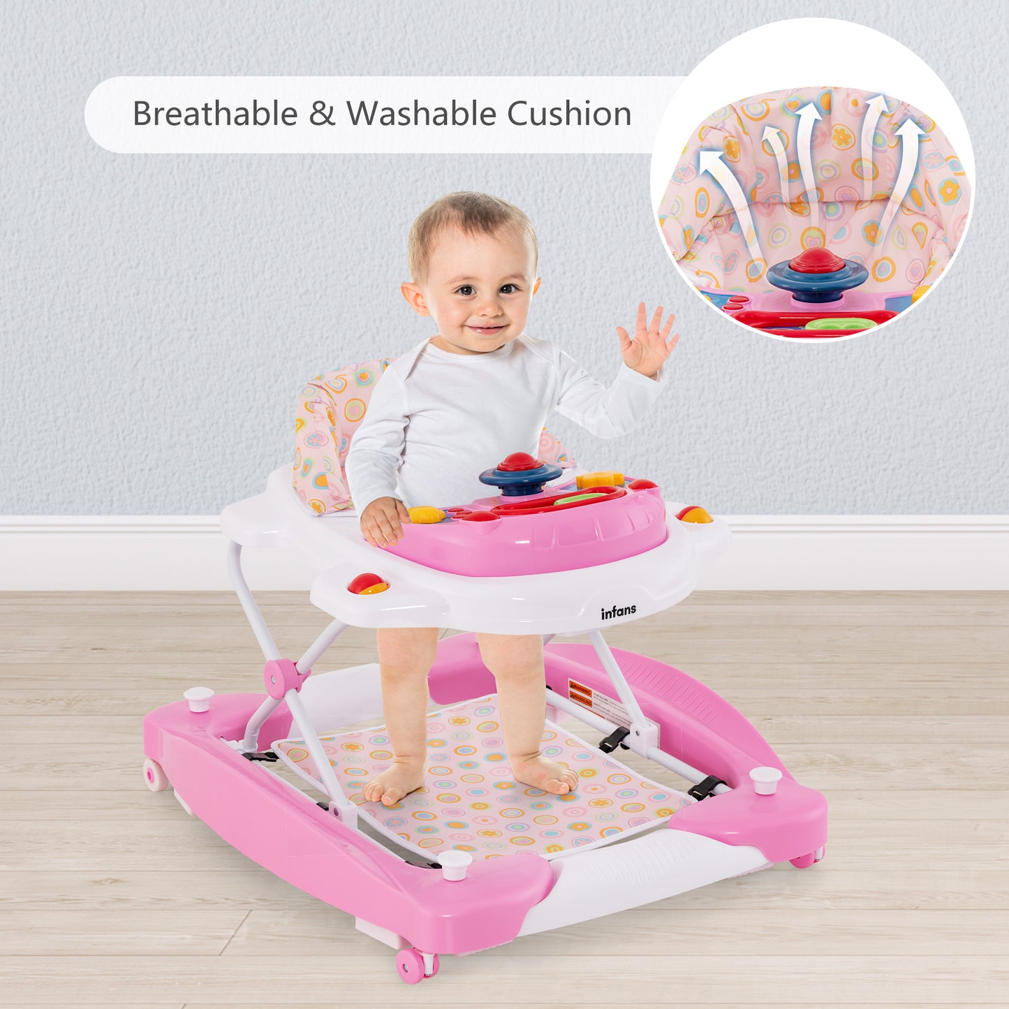 INFANS Baby Walker, 5 in 1 Behind Walker Learning Seated Rocker Bouncer with Removable Music Tray, Adjustable Height and Speed, Washable Seat Cushion, Foldable Activity Center for Toddlers