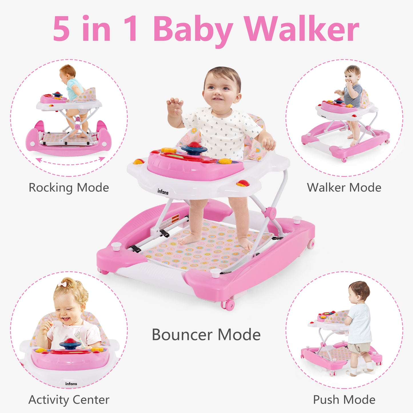 INFANS Baby Walker, 5 in 1 Behind Walker Learning Seated Rocker Bouncer with Removable Music Tray, Adjustable Height and Speed, Washable Seat Cushion, Foldable Activity Center for Toddlers