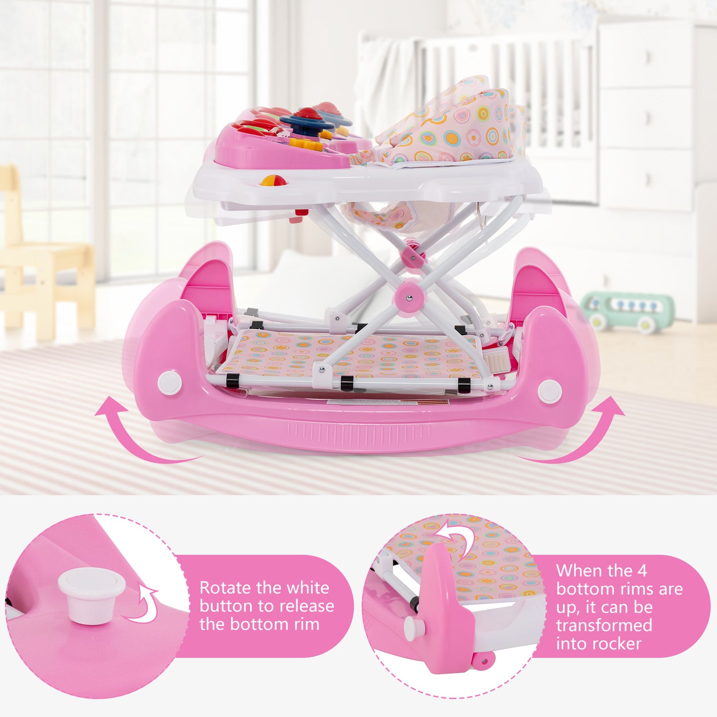 INFANS Baby Walker, 5 in 1 Behind Walker Learning Seated Rocker Bouncer with Removable Music Tray, Adjustable Height and Speed, Washable Seat Cushion, Foldable Activity Center for Toddlers