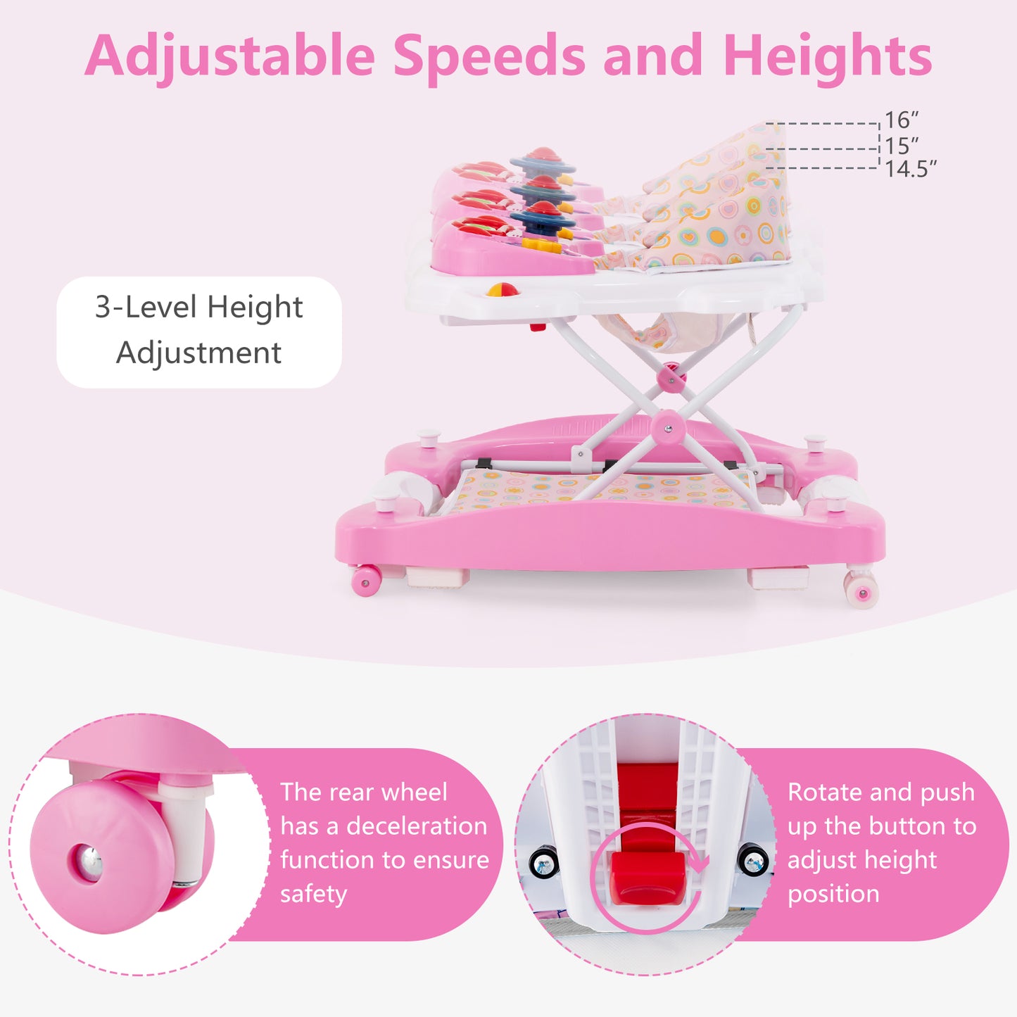 INFANS Baby Walker, 5 in 1 Behind Walker Learning Seated Rocker Bouncer with Removable Music Tray, Adjustable Height and Speed, Washable Seat Cushion, Foldable Activity Center for Toddlers