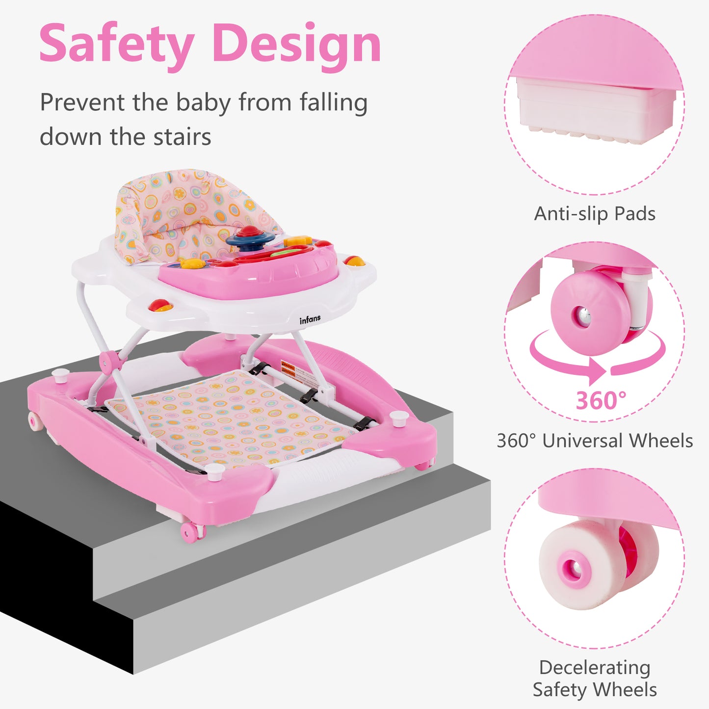 INFANS Baby Walker, 5 in 1 Behind Walker Learning Seated Rocker Bouncer with Removable Music Tray, Adjustable Height and Speed, Washable Seat Cushion, Foldable Activity Center for Toddlers