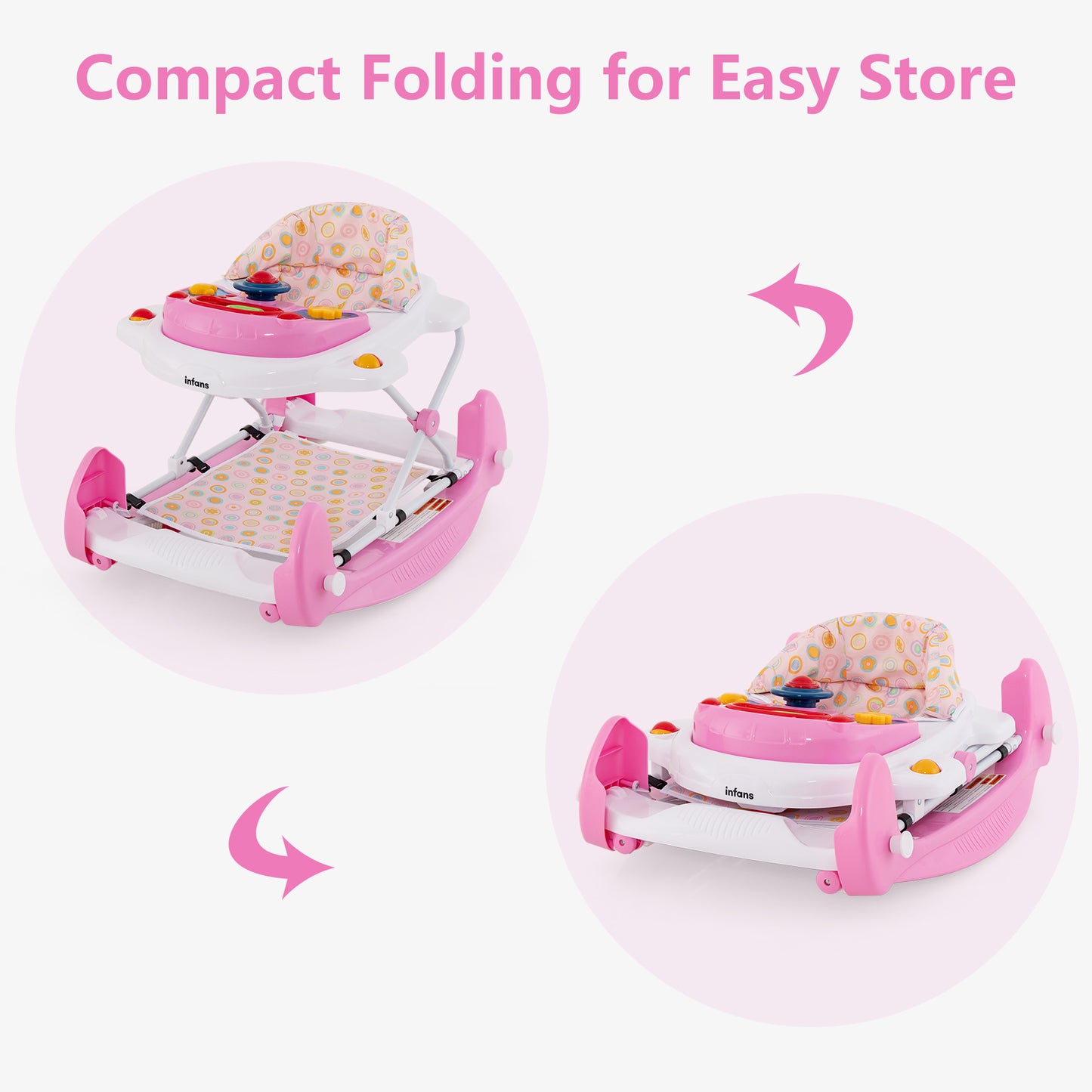 INFANS Baby Walker, 5 in 1 Behind Walker Learning Seated Rocker Bouncer with Removable Music Tray, Adjustable Height and Speed, Washable Seat Cushion, Foldable Activity Center for Toddlers
