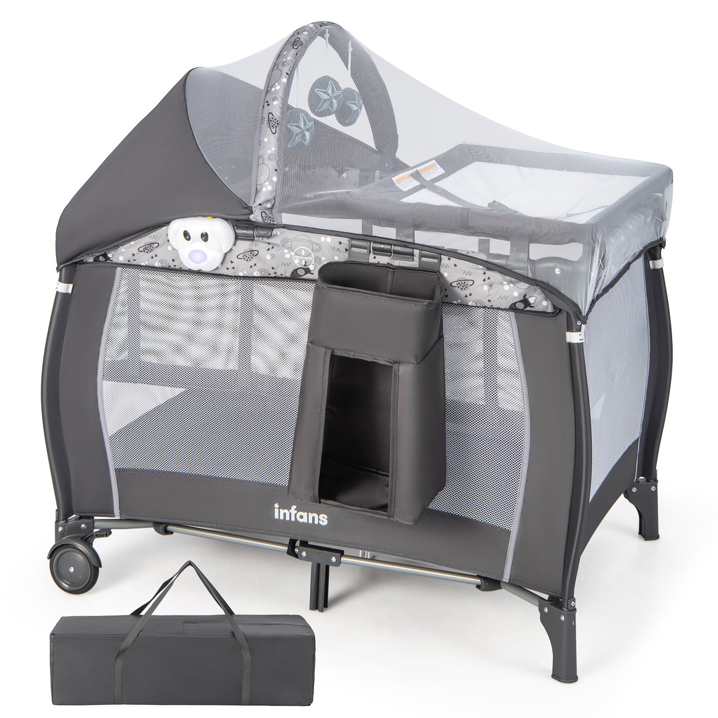INFANS 4 in 1 Pack and Play, Portable Nursery Center with Bassinet, Mattress, Diaper Changer, Bag, Toys, Music Box, Storage Basket, Travel Playard for Baby Kid Infant