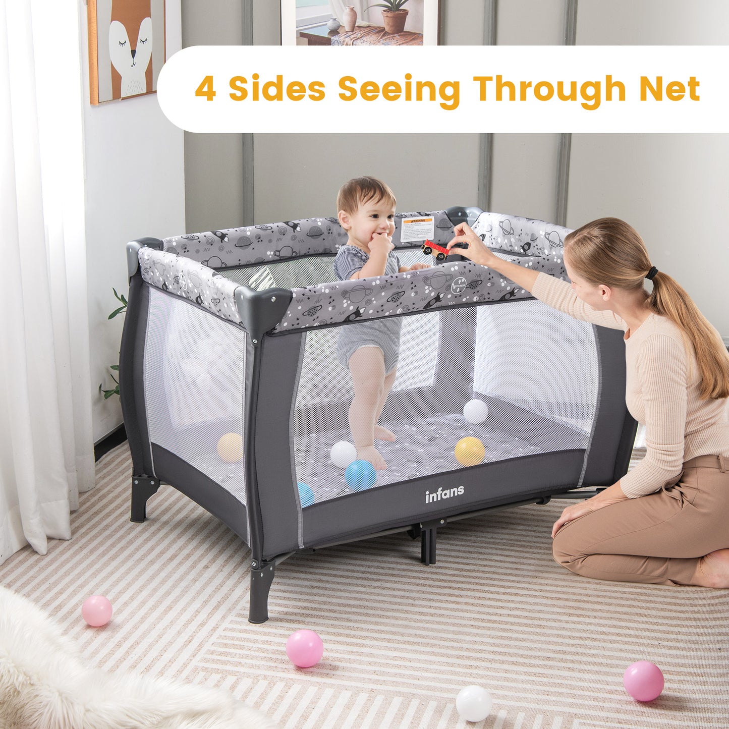 INFANS 4 in 1 Pack and Play, Portable Nursery Center with Bassinet, Mattress, Diaper Changer, Bag, Toys, Music Box, Storage Basket, Travel Playard for Baby Kid Infant
