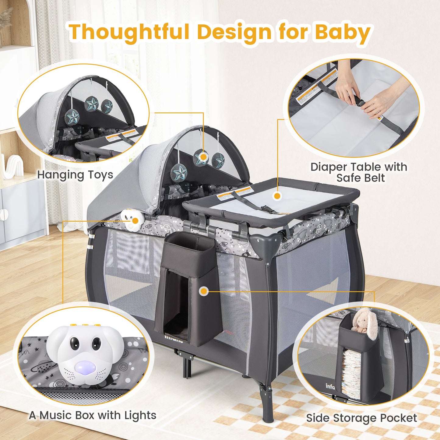 INFANS 4 in 1 Pack and Play, Portable Nursery Center with Bassinet, Mattress, Diaper Changer, Bag, Toys, Music Box, Storage Basket, Travel Playard for Baby Kid Infant