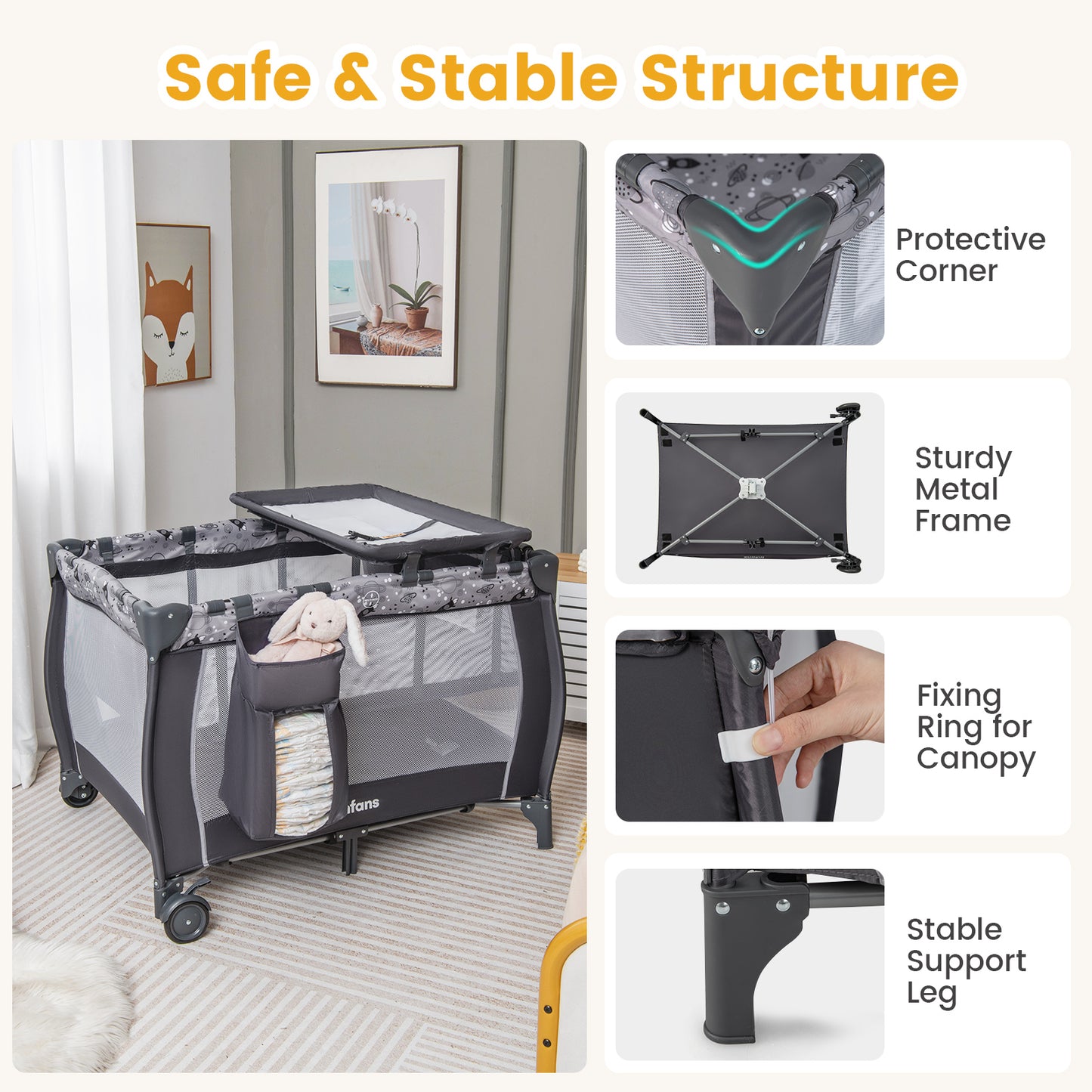 INFANS 4 in 1 Pack and Play, Portable Nursery Center with Bassinet, Mattress, Diaper Changer, Bag, Toys, Music Box, Storage Basket, Travel Playard for Baby Kid Infant