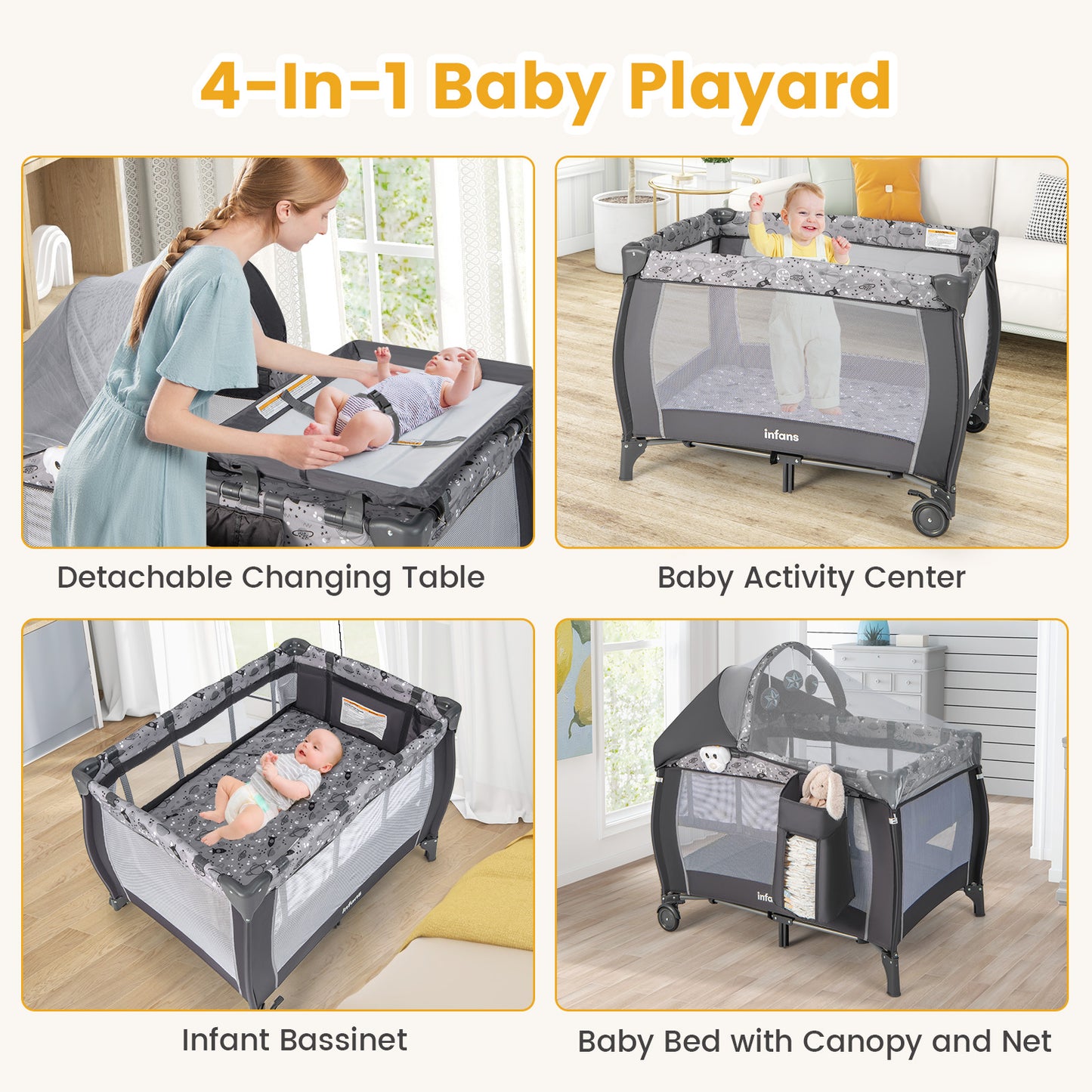 INFANS 4 in 1 Pack and Play, Portable Nursery Center with Bassinet, Mattress, Diaper Changer, Bag, Toys, Music Box, Storage Basket, Travel Playard for Baby Kid Infant