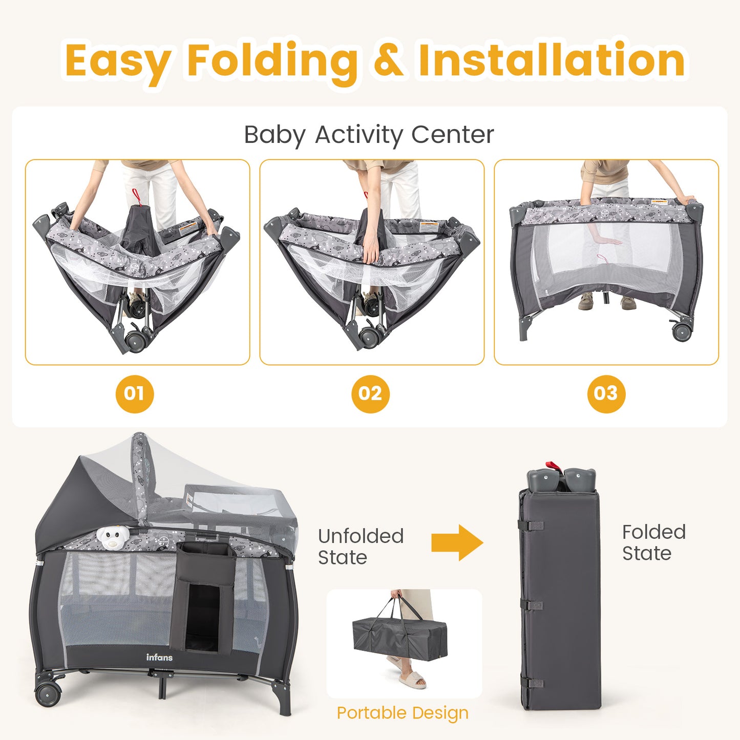 INFANS 4 in 1 Pack and Play, Portable Nursery Center with Bassinet, Mattress, Diaper Changer, Bag, Toys, Music Box, Storage Basket, Travel Playard for Baby Kid Infant
