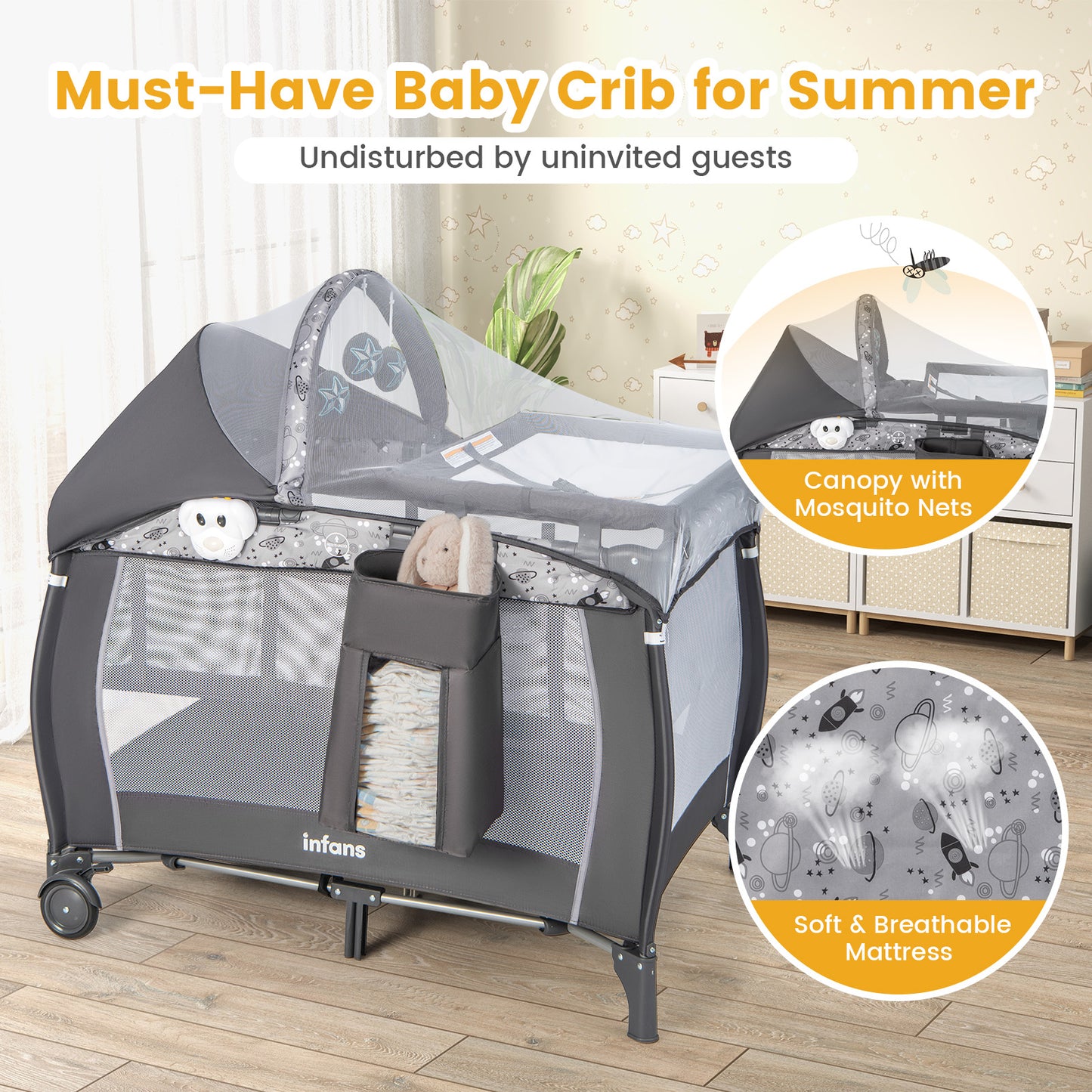 INFANS 4 in 1 Pack and Play, Portable Nursery Center with Bassinet, Mattress, Diaper Changer, Bag, Toys, Music Box, Storage Basket, Travel Playard for Baby Kid Infant