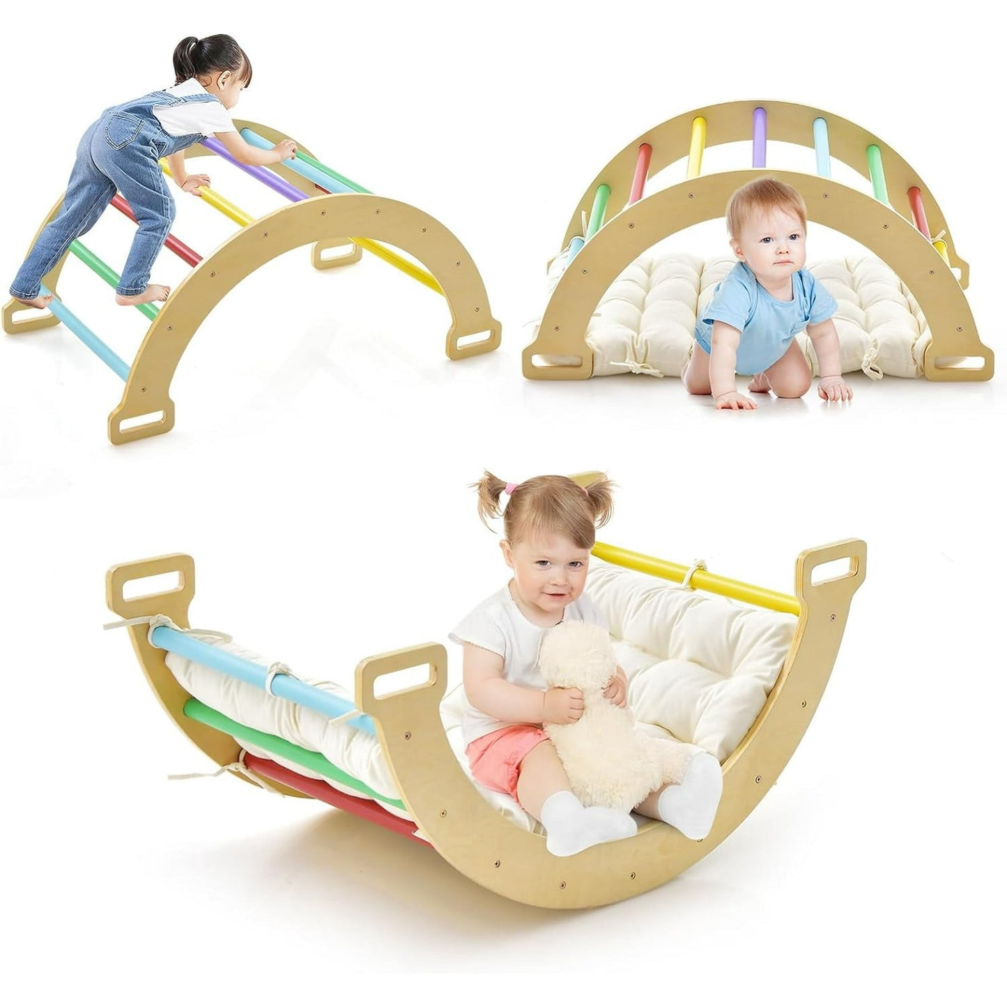 OLAKIDS 4 in 1 Arch Climbing Toys for Toddlers, Montessori Wooden Arch Climber Ladder Structure and Rocker with Cushion Pad