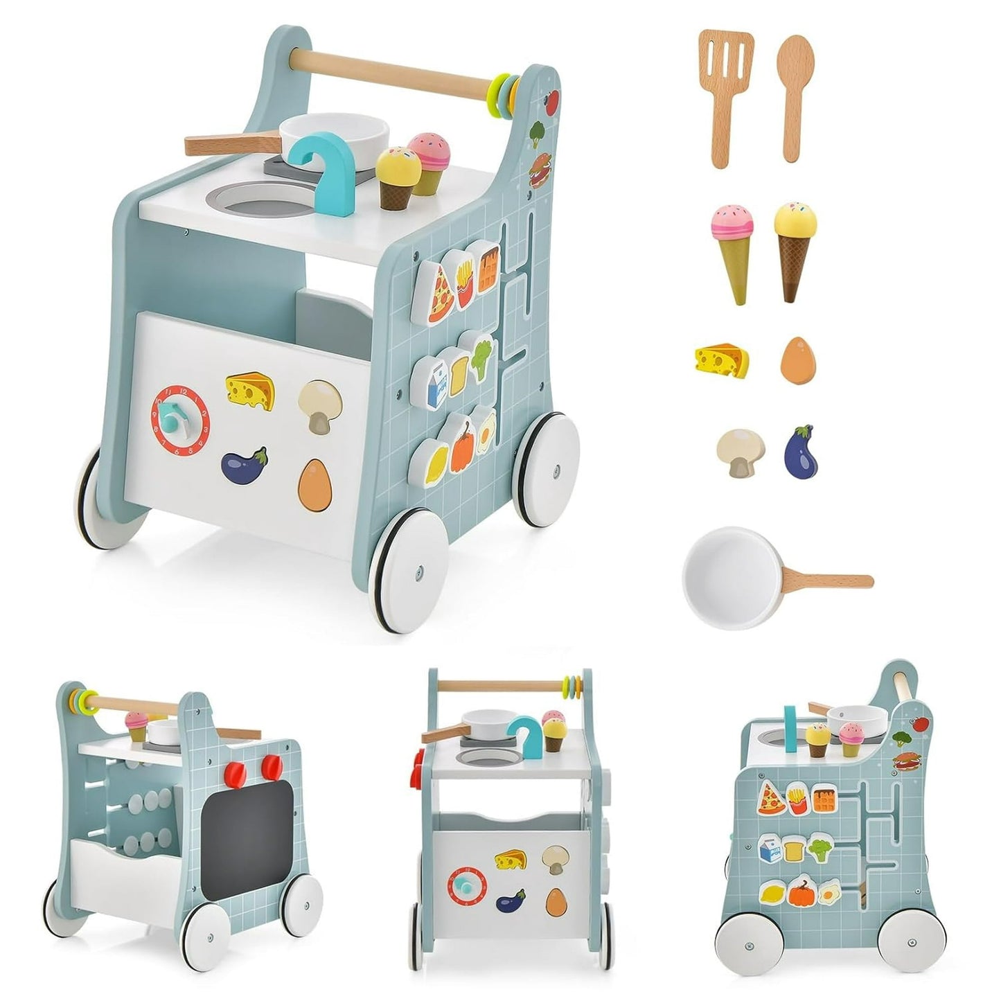INFANS 6 in 1 Baby Push Walker, Wooden Play Kitchen Playset, Toddler Learning Activity Walker with Shape Sorter Movable Slider, Montessori Educational Toy for Girls Boys 1-3 Years