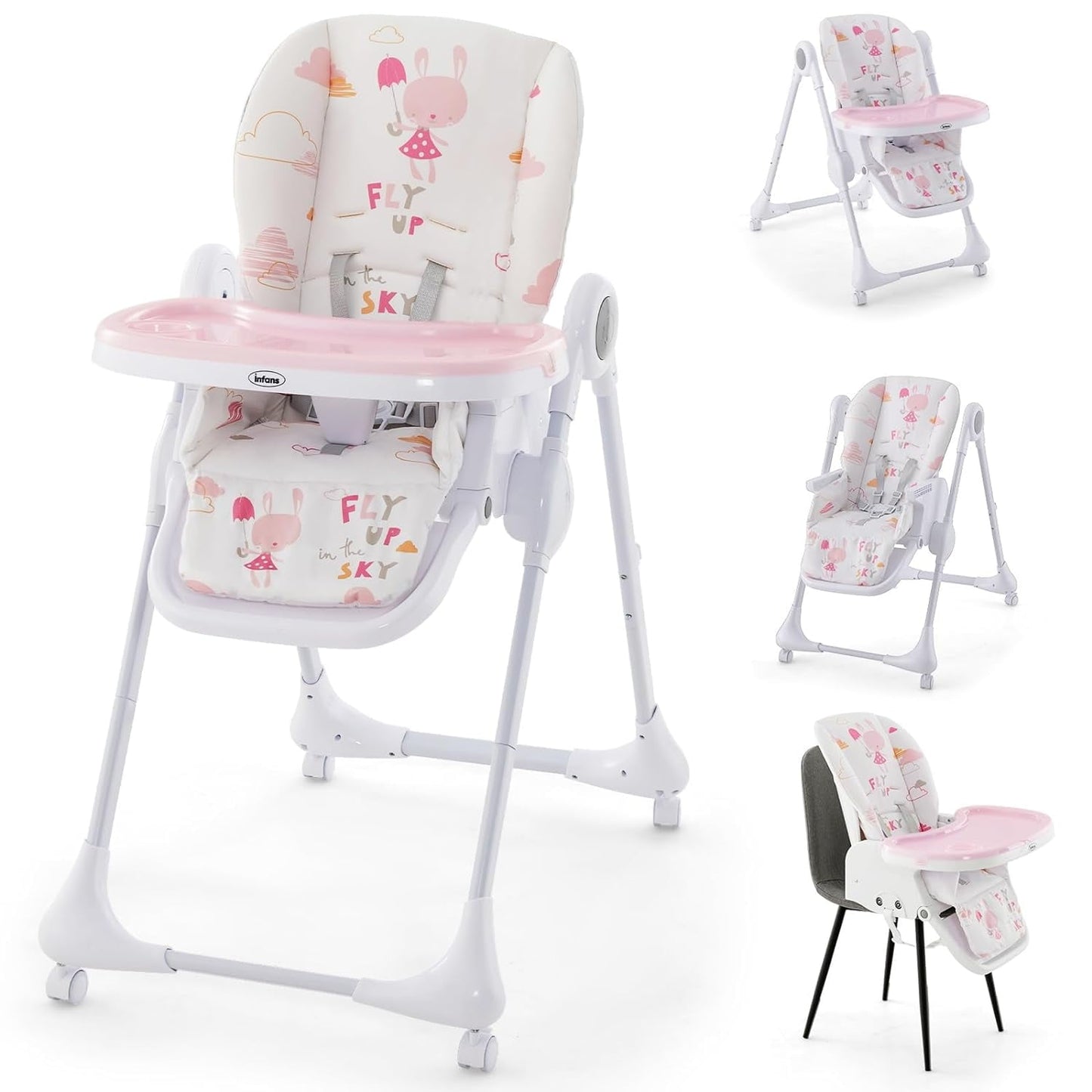 INFANS Baby High Chair, 3 in 1 Quick Folding Portable Highchair for Toddlers with 4 Lockable Universal Wheels Multiple Adjustable Seat Height Backrest and Footrest, Removable Double Trays (Rabbit)