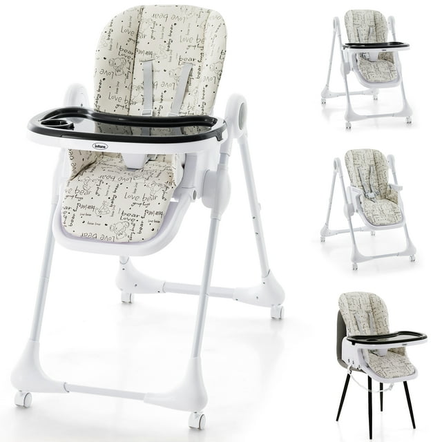 INFANS Baby High Chair, 3 in 1 Quick Folding Portable Highchair for Toddlers with 4 Lockable Universal Wheels Multiple Adjustable Seat Height Backrest and Footrest, Removable Double Trays (Bear)