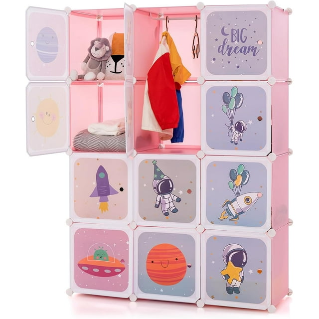 INFANS Children Wardrobe, Kid Closet Portable Baby Dresser Cute for Kids Bedroom Nursery Armoire with Doors 12 Cube 2 Hanging Sections, Kid Clothes Storage Organizer