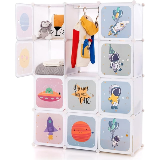 INFANS Children Wardrobe, Kid Closet Portable Baby Dresser Cute for Kids Bedroom Nursery Armoire with Doors 12 Cube 2 Hanging Sections, Kid Clothes Storage Organizer