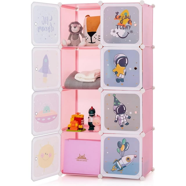 INFANS Children Wardrobe, Kid Closet Portable Baby Dresser Cute for Kids Bedroom Nursery Armoire with Doors 12 Cube 2 Hanging Sections, Kid Clothes Storage Organizer