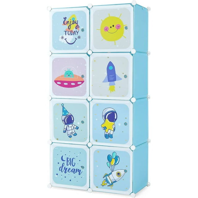 INFANS Children Wardrobe, Kid Closet Portable Baby Dresser Cute for Kids Bedroom Nursery Armoire with Doors 12 Cube 2 Hanging Sections, Kid Clothes Storage Organizer